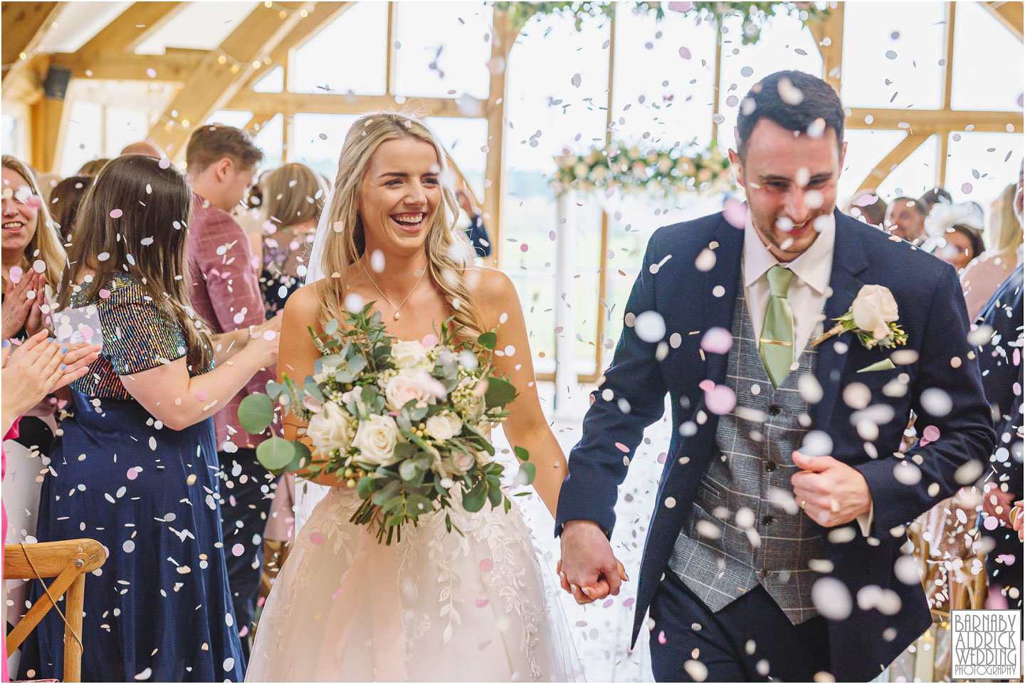 Confetti wedding photo at Sandburn Hall near York by Yorkshire Wedding Photographer Barnaby Aldrick