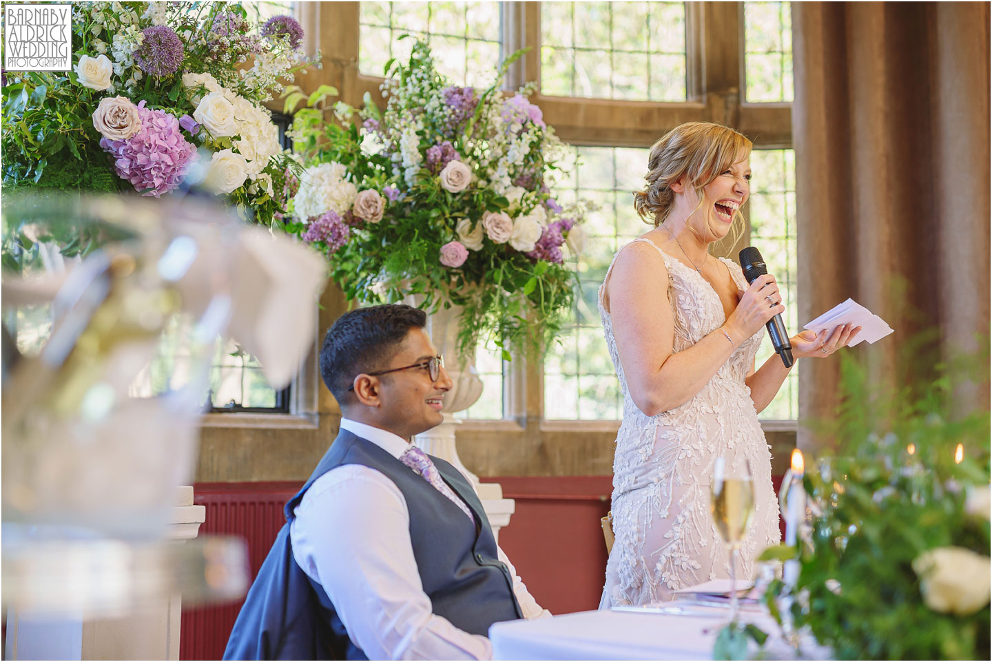 Candid wedding speech photos at Thornbridge Hall by Yorkshire Wedding Photographer Barnaby Aldrick