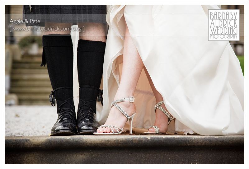 Artistic photo of a bride and Scottish grooms excellent footwear at their wedding at historic wedding venue Woodlands Hotel between Gildersome and Leeds in Yorkshire