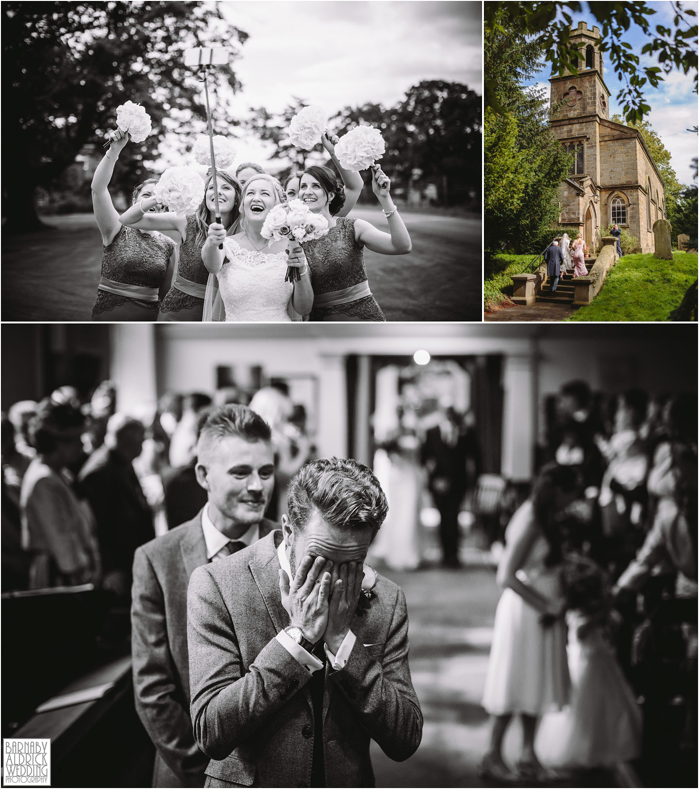 Wedding photos of the bridesmaids and groomsmen at St Helen's Church at Denton Hall in Yorkshire