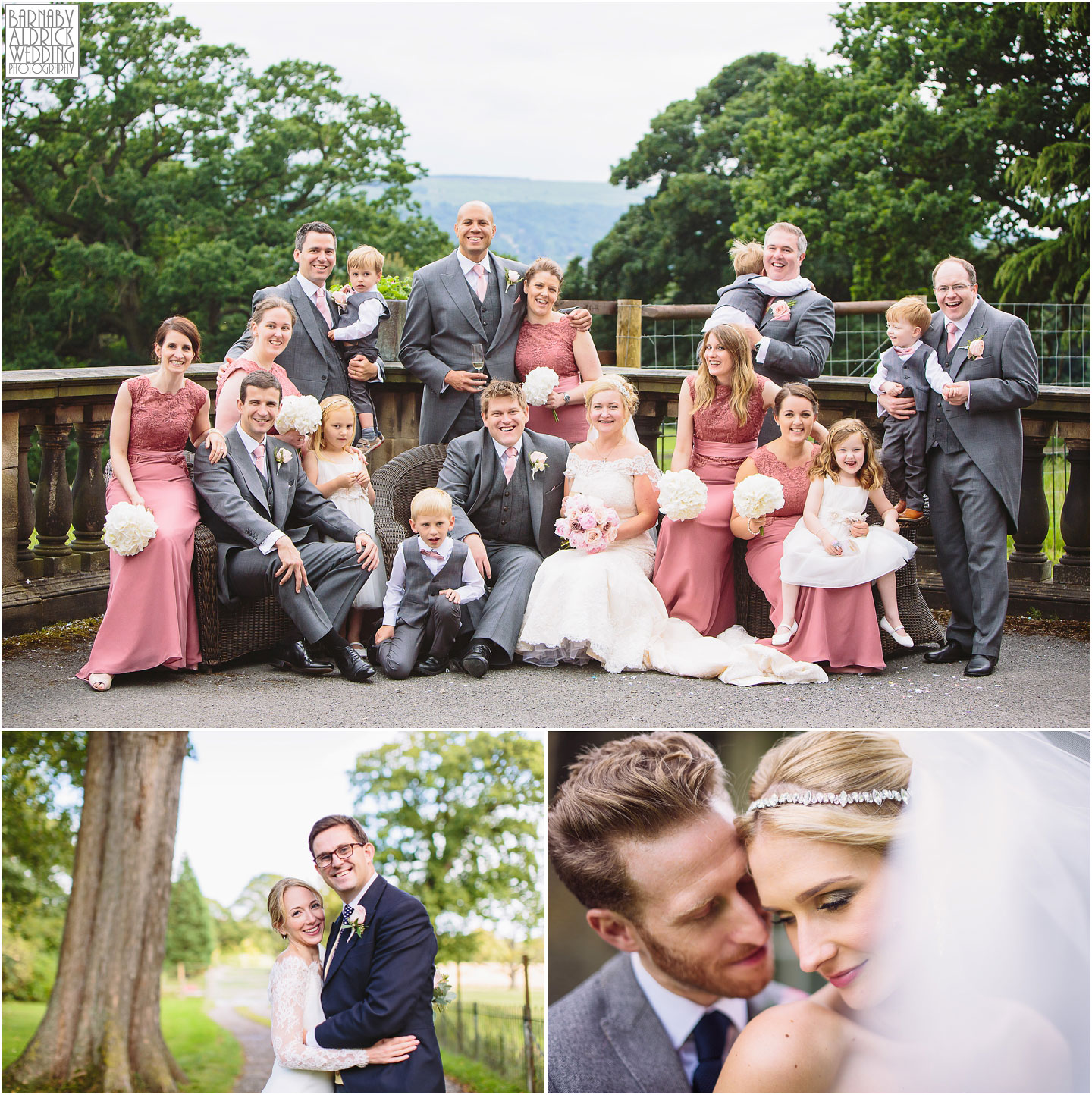 Photos of the wedding party group shots and portraits at Denton Hall near Ilkley