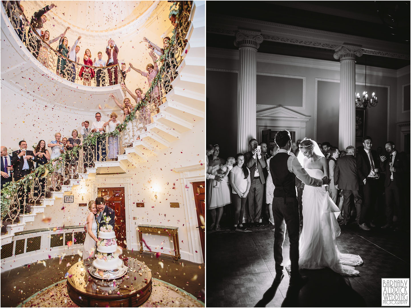 Wedding photography of the cake cutting and first dance at Denton Hall near Ilkley