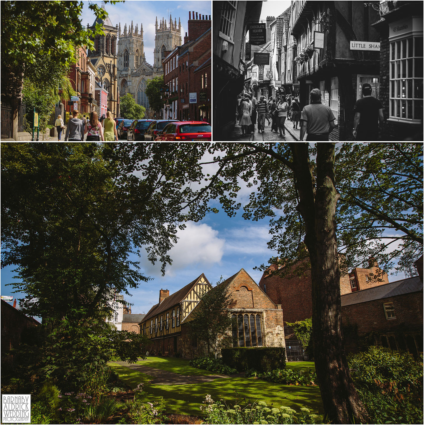 A contextual wedding photograph of York city centre showing the ancient Minster the shambles and The Merchant Adventurers hall