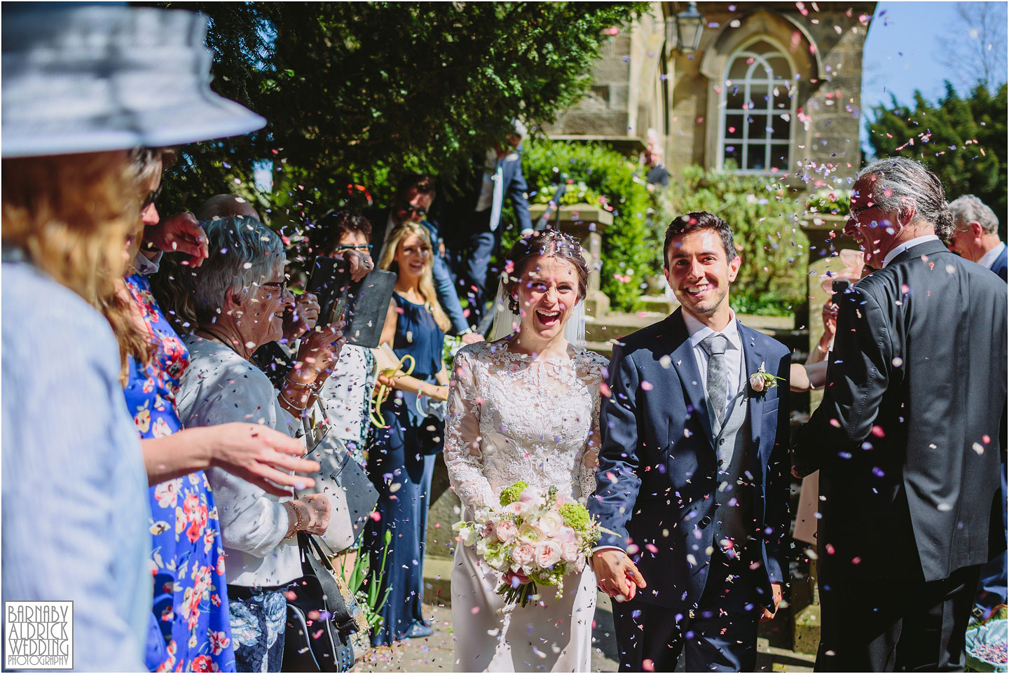 Wedding Confetti photo at St Helens Denton, exclusive country house in Ilkley in West Yorkshire, great confetti shot