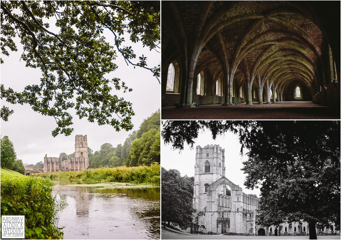 Wedding photos at Fountains Abbey showing the view from Studley Royal and the cellarium