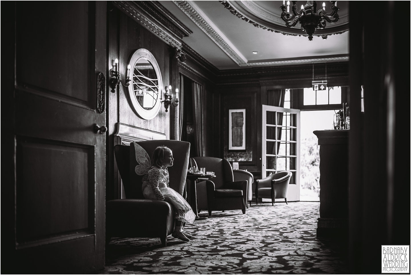 A flower girl with wings at Wood Hall in Yorkshire