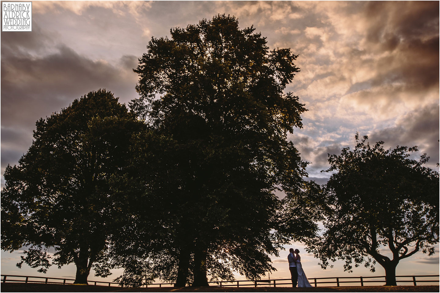 Sunset wedding portait at Barmbyfields Barn wedding venue near York