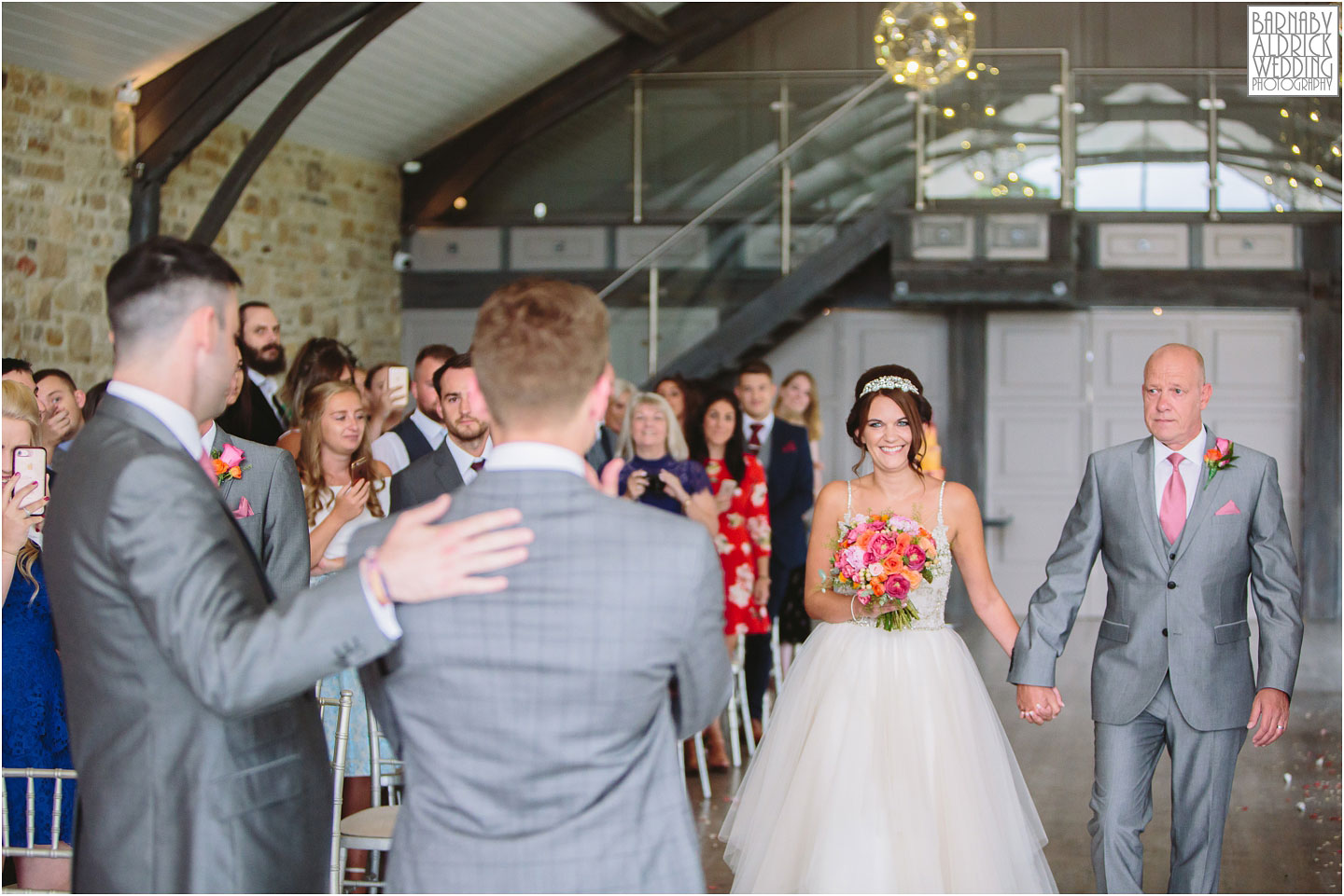 Tears at seeing the bride for the first time at Yorkshire Wedding Barn near Richmond