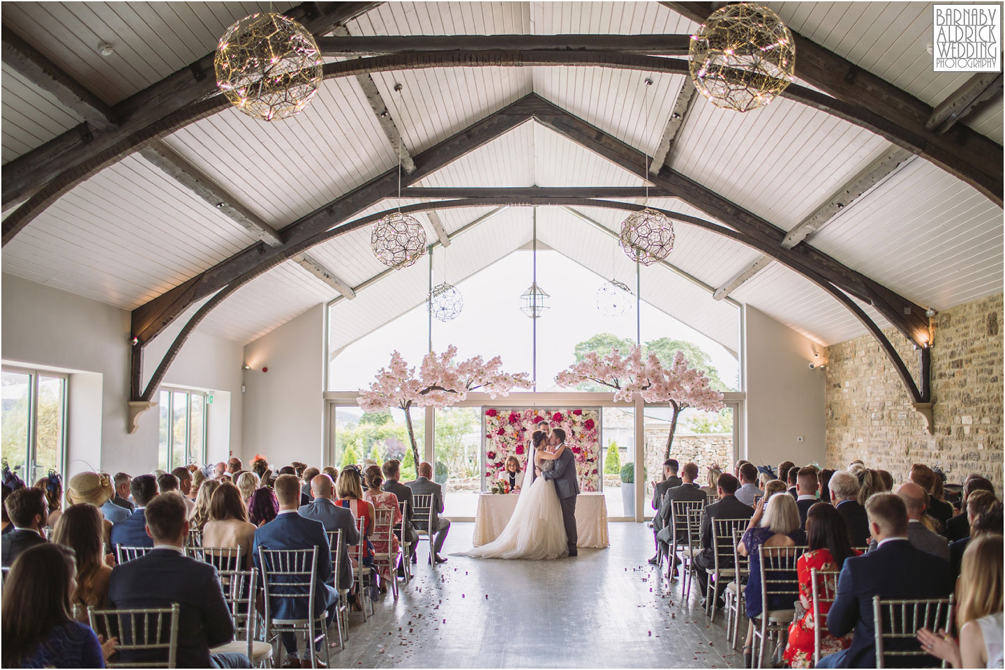 The wedding kiss at Yorkshire Wedding Barn in Gilling West near Richmond