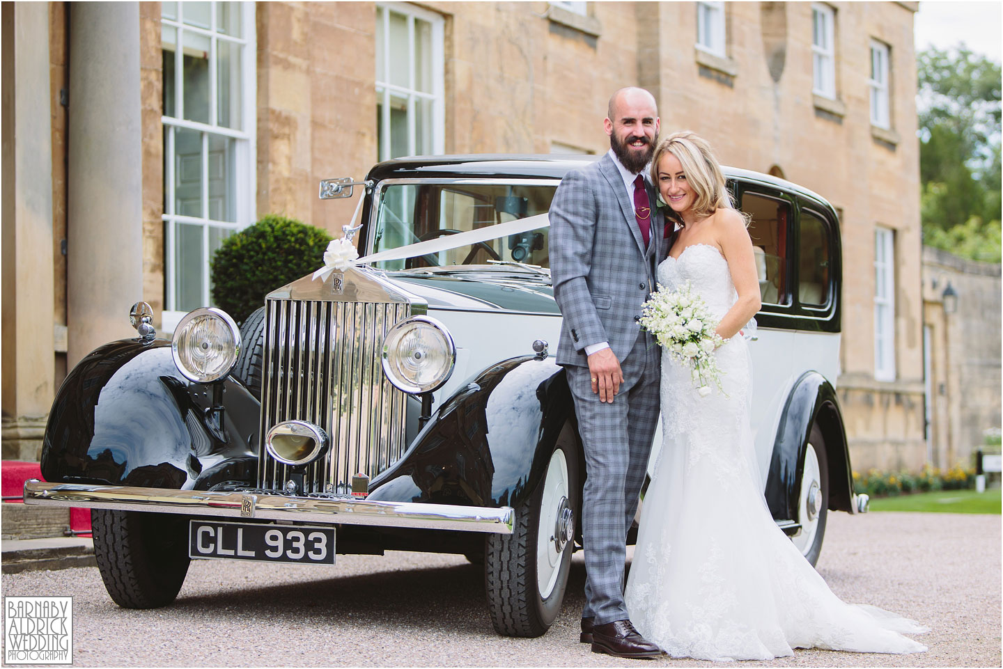 Bowcliffe hall wedding couple portrait photograph with rolls royce