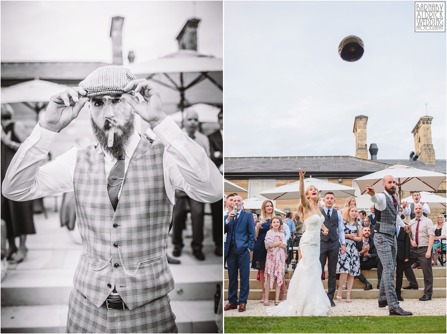 Wedding couple flat cap throwing competition at Bowcliffe Hall