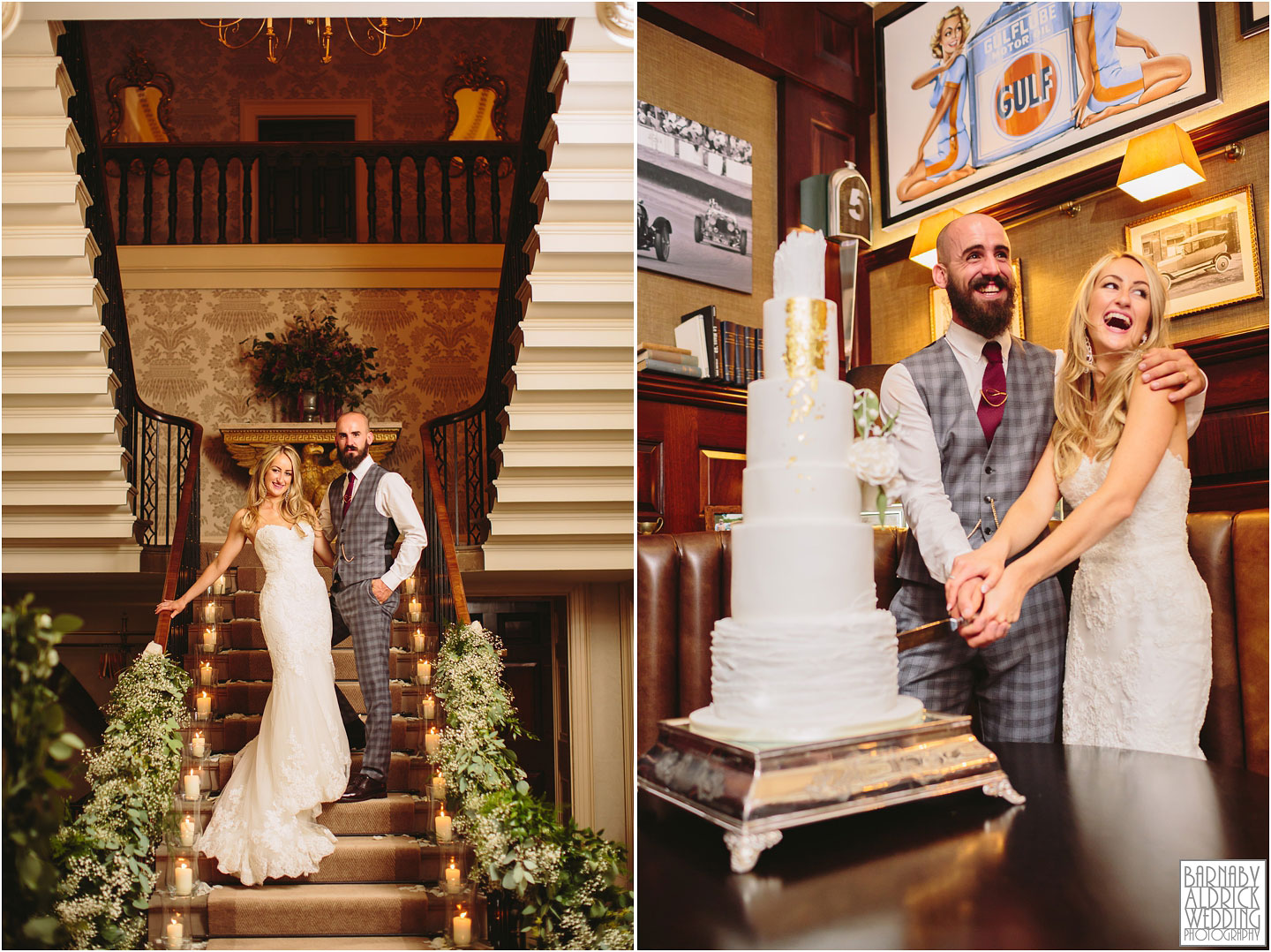 Bowcliffe Hall evening cake cutting and staircase portrait