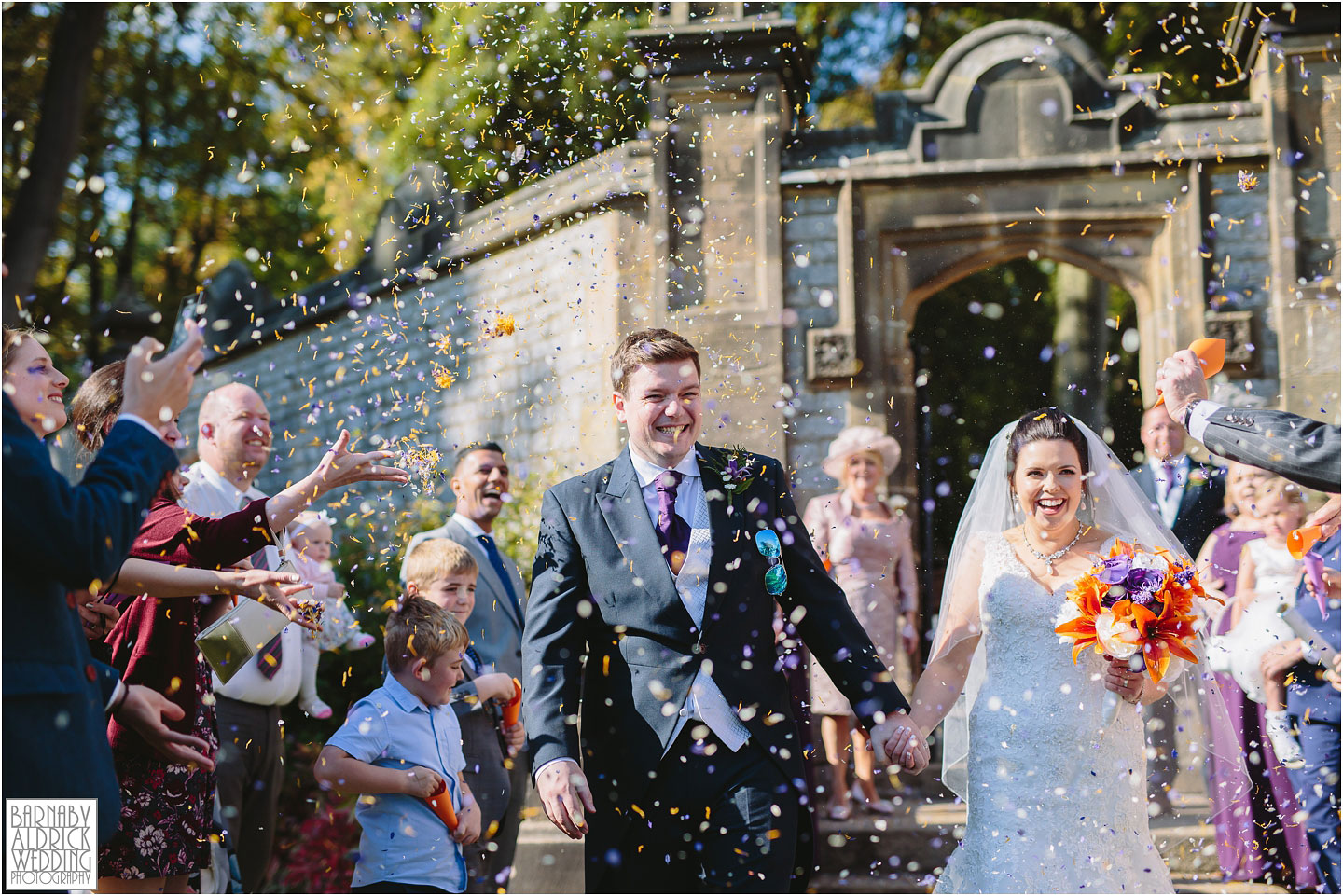 Wedding confetti at Thornbridge Hall Derbyshire Wedding Photos, Thornbridge Hall Wedding Photography, Autumnal Derbyshire Wedding, Derbyshire Wedding Photographer