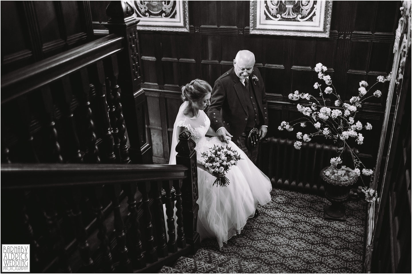 A bride and father on her way to the civil ceremony at Rowton Castle, Shropshire Wedding Photographer, Shrewsbury wedding venue, Amazing UK Castle Wedding