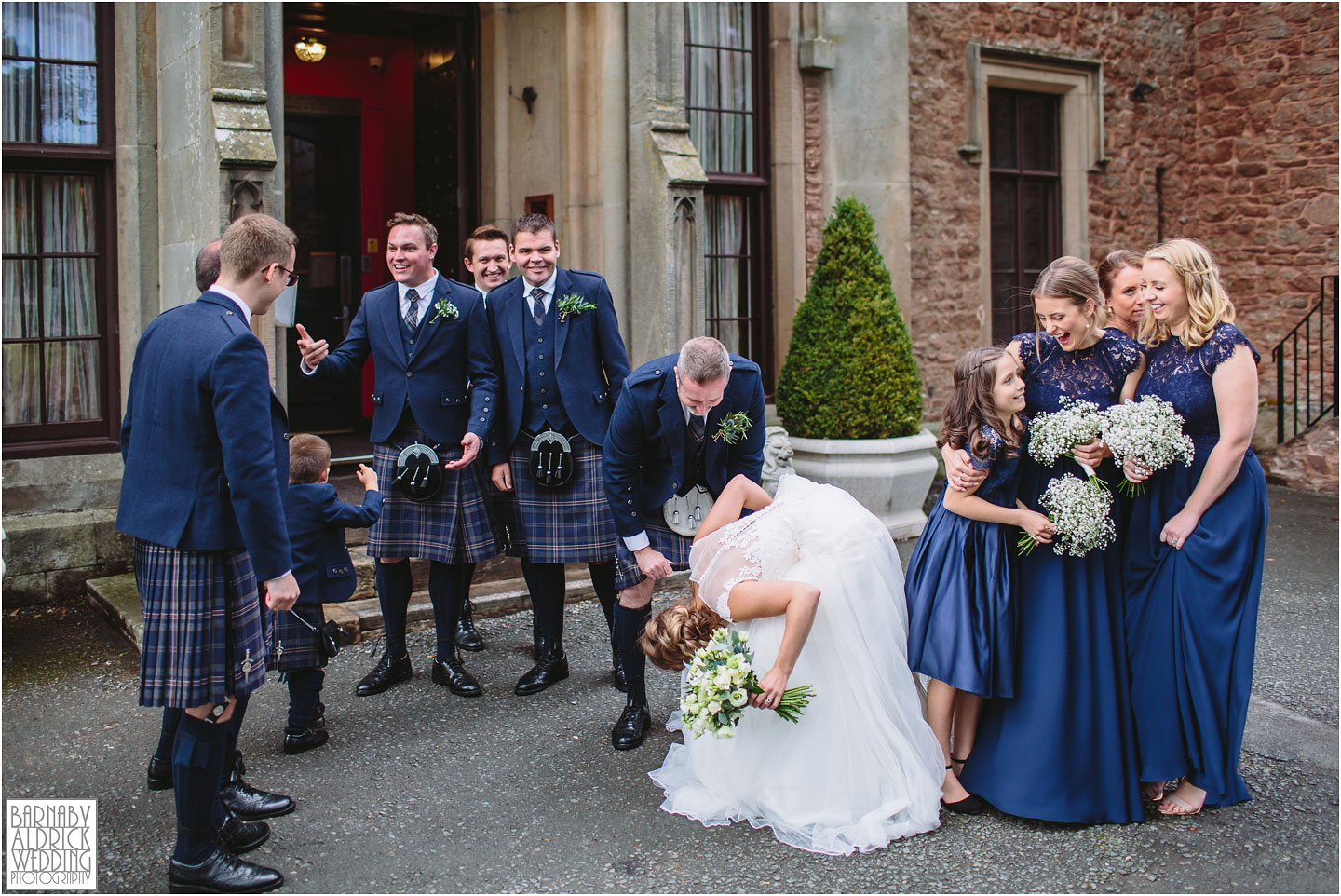 Fun kilt wedding photo, Rowton Castle, Shropshire Wedding Photographer, Shrewsbury wedding venue, Amazing UK Castle Wedding