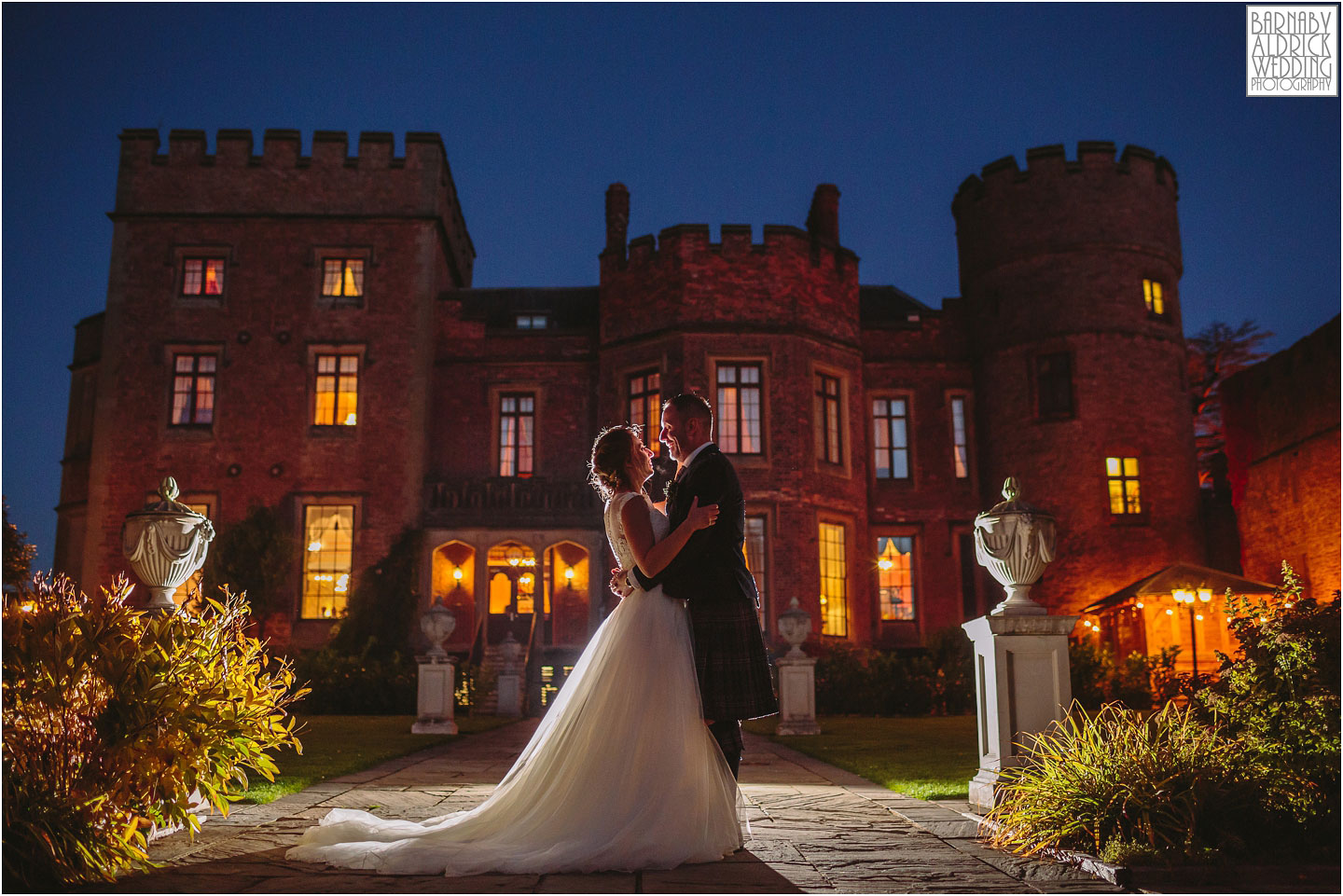 Evening flash couple portraits at a wedding at Rowton Castle, Shropshire Wedding Photographer, Shrewsbury wedding venue, Amazing UK Castle Wedding