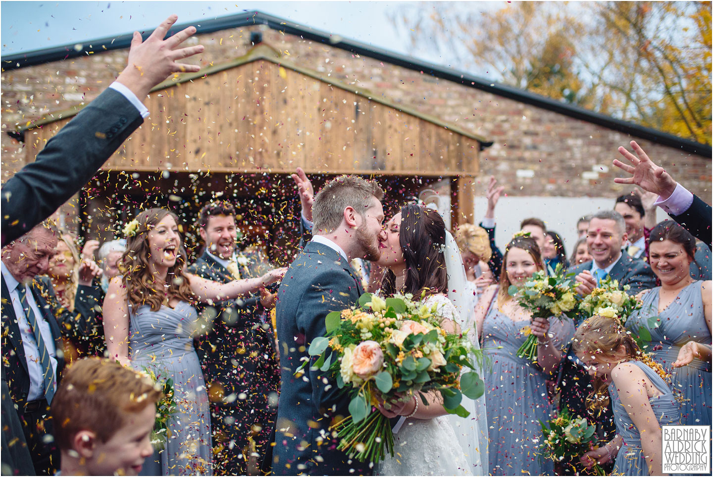 Confetti at Villa Farm Wedding Photos, York unusual wedding venues, York Barn wedding venue, York Barn wedding at Villa Farm