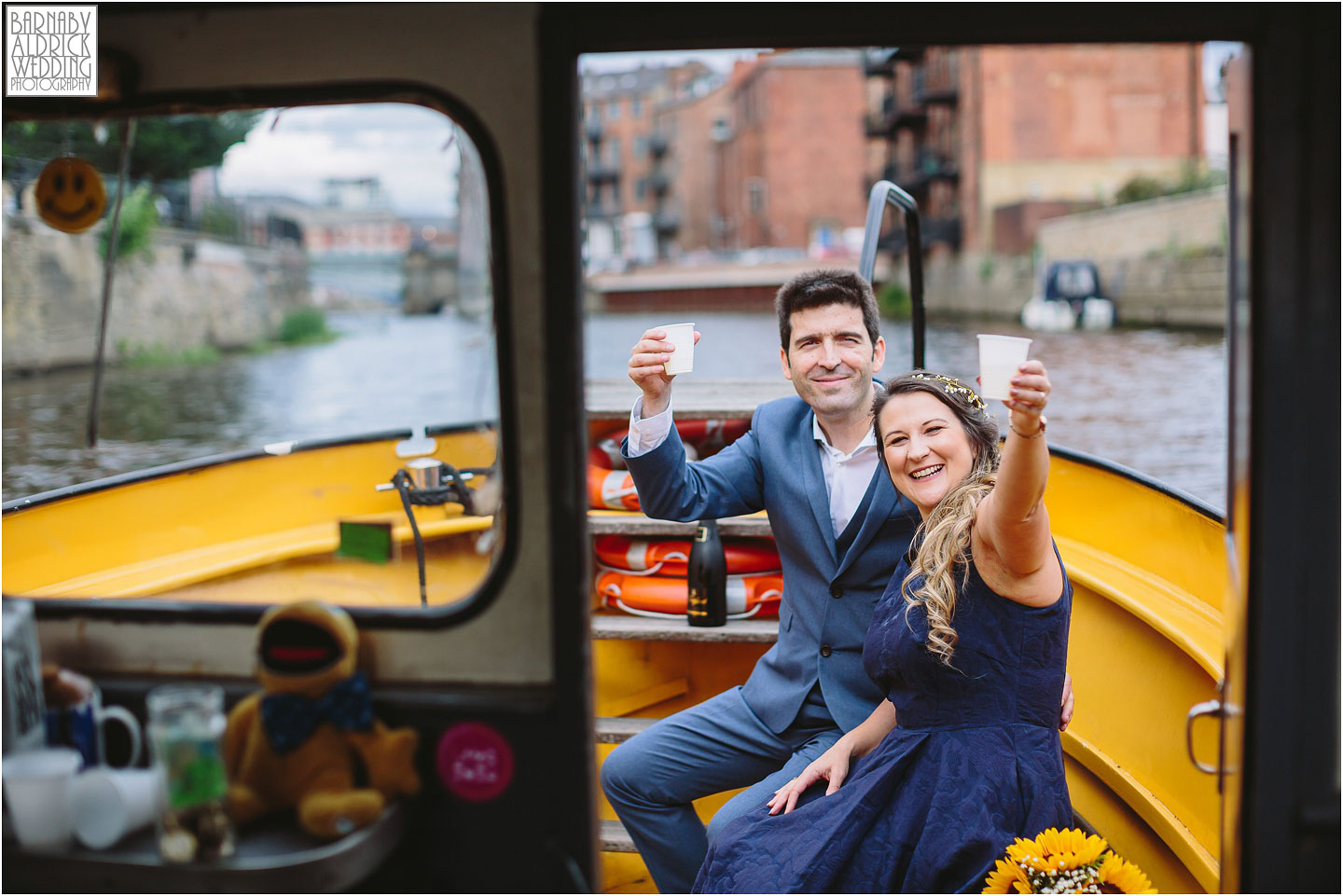 Wedding photos on the Leeds Dock yellow boat in Leeds, Amazing Yorkshire Wedding Photos, Best Yorkshire Wedding Photos 2018