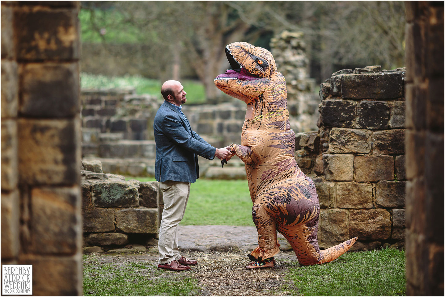 Inflatable dinosaur pre-wedding photo, Wedding couple photos at Priory Cottages near Wetherby, Amazing Yorkshire Wedding Photos, Best Yorkshire Wedding Photos 2018