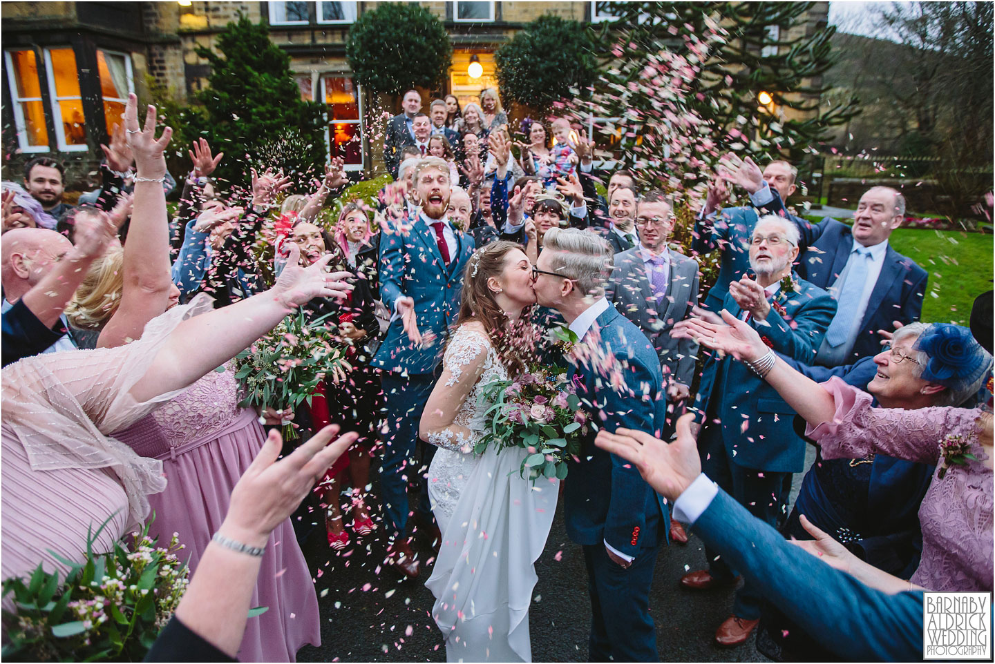 Confetti photo at Crow Hill in Marsden, West Yorkshire Winter Wedding, Exclusive Country House wedding venue, Yorkshire Wedding Photographer Barnaby Aldrick