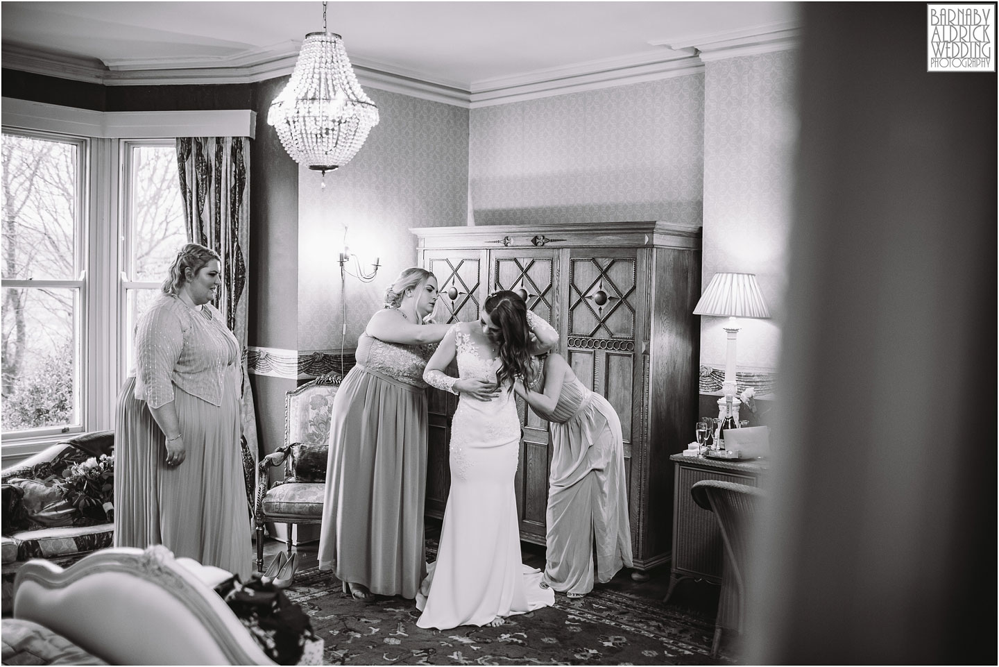 Bridal preparation photo at Crow Hill in Marsden, West Yorkshire Winter Wedding, Exclusive Country House wedding venue, Yorkshire Wedding Photographer Barnaby Aldrick