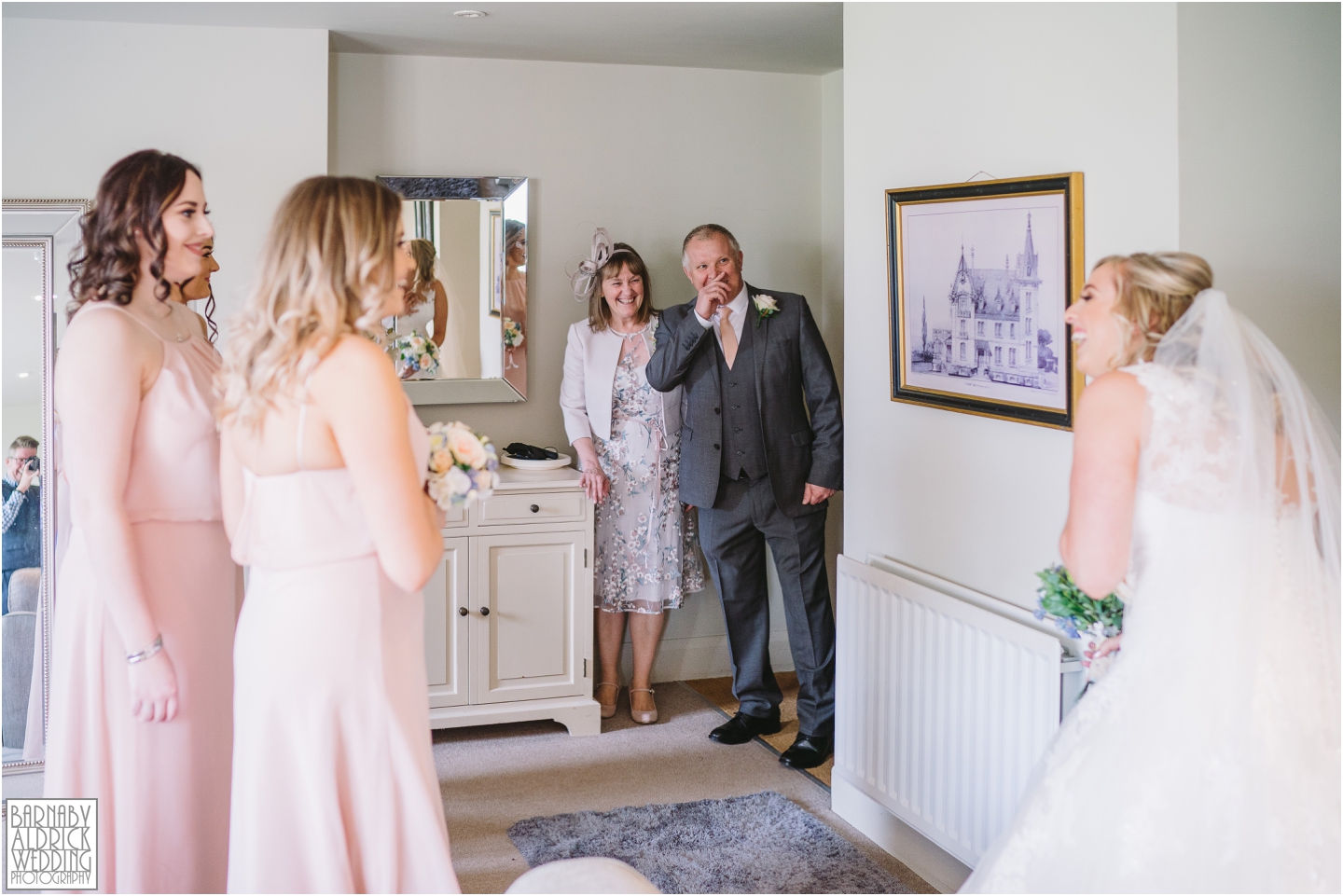 Father of the bride moment, Dad sees bride, Priory Cottages Wedding Yorkshire