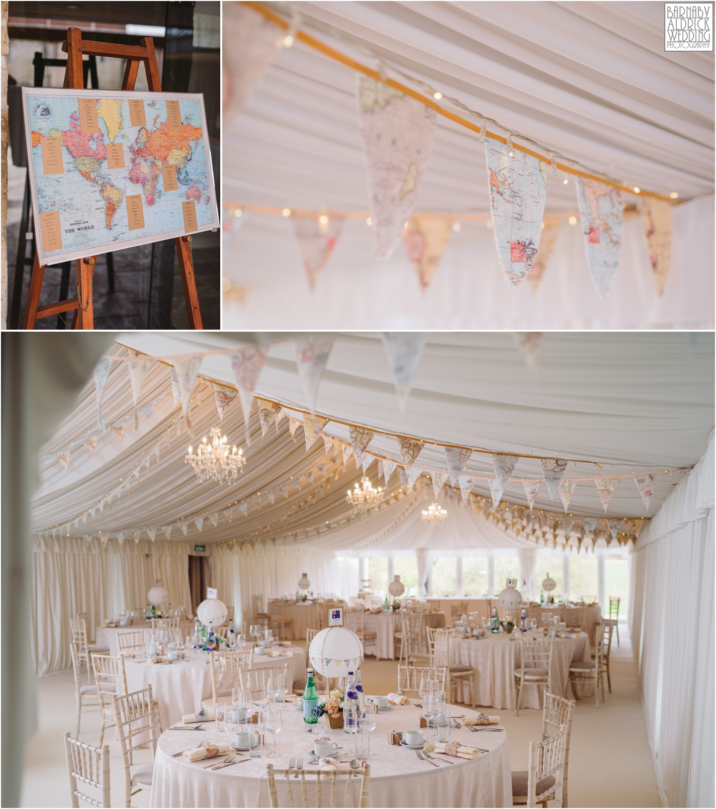 Priory Cottages Wedding Marquee, Meal space at Priory Cottages Yorkshire, Bright white travel themed wedding marquee, Wedding breakfast ideas