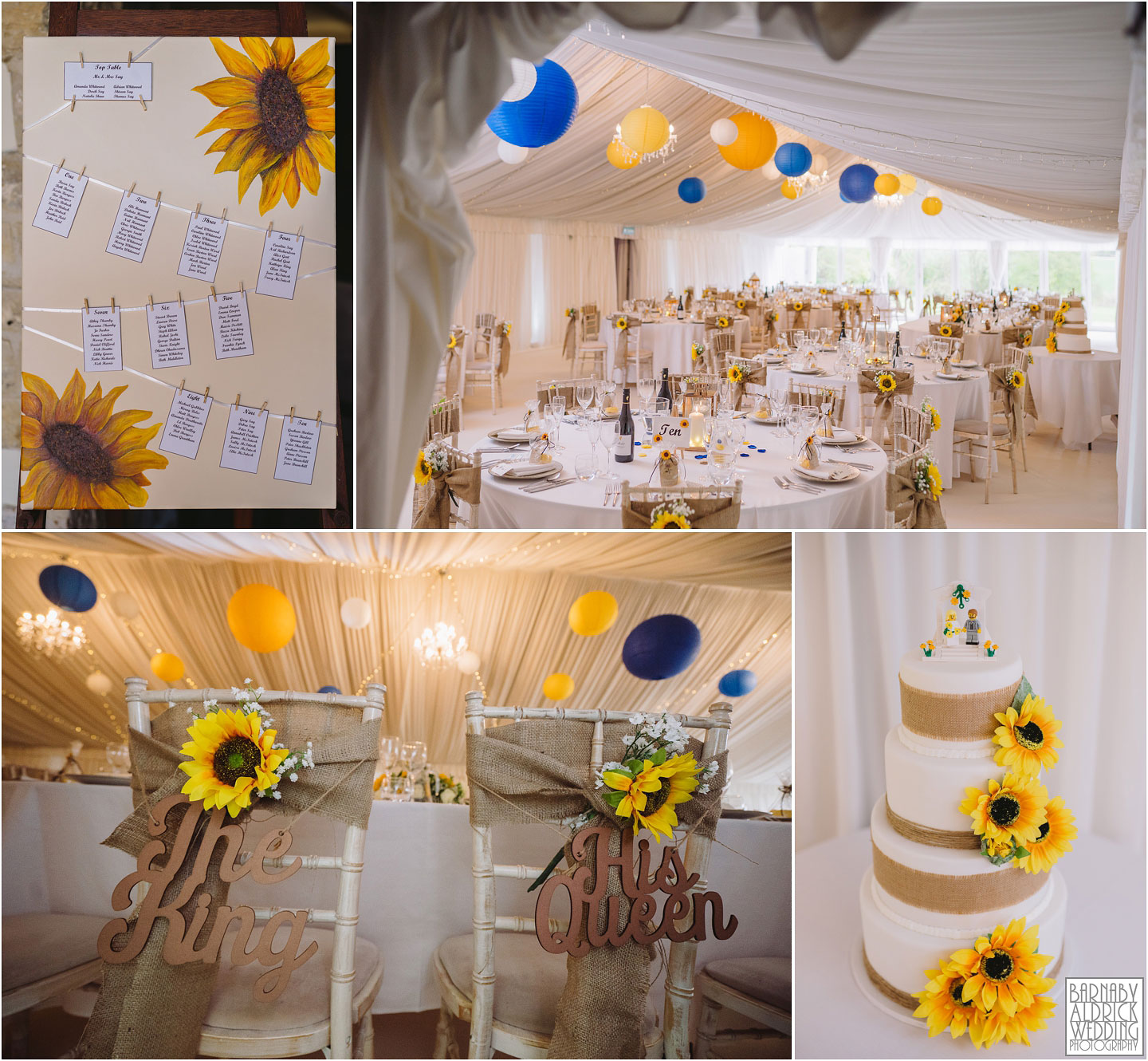 Priory Cottages Wedding Marquee, Meal space at Priory Cottages Yorkshire, Bright white travel themed wedding marquee, Wedding breakfast ideas