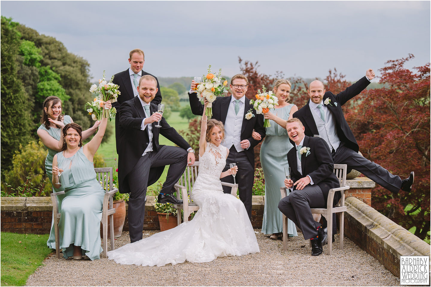 Fun wedding party group photos at Goldsborough Hall, Goldsborough Hall Wedding Photography, Yorkshire Wedding, Yorkshire Wedding Photographer, Knaresborough Wedding, Harrogate wedding venue, Yorkshire Stately House Wedding