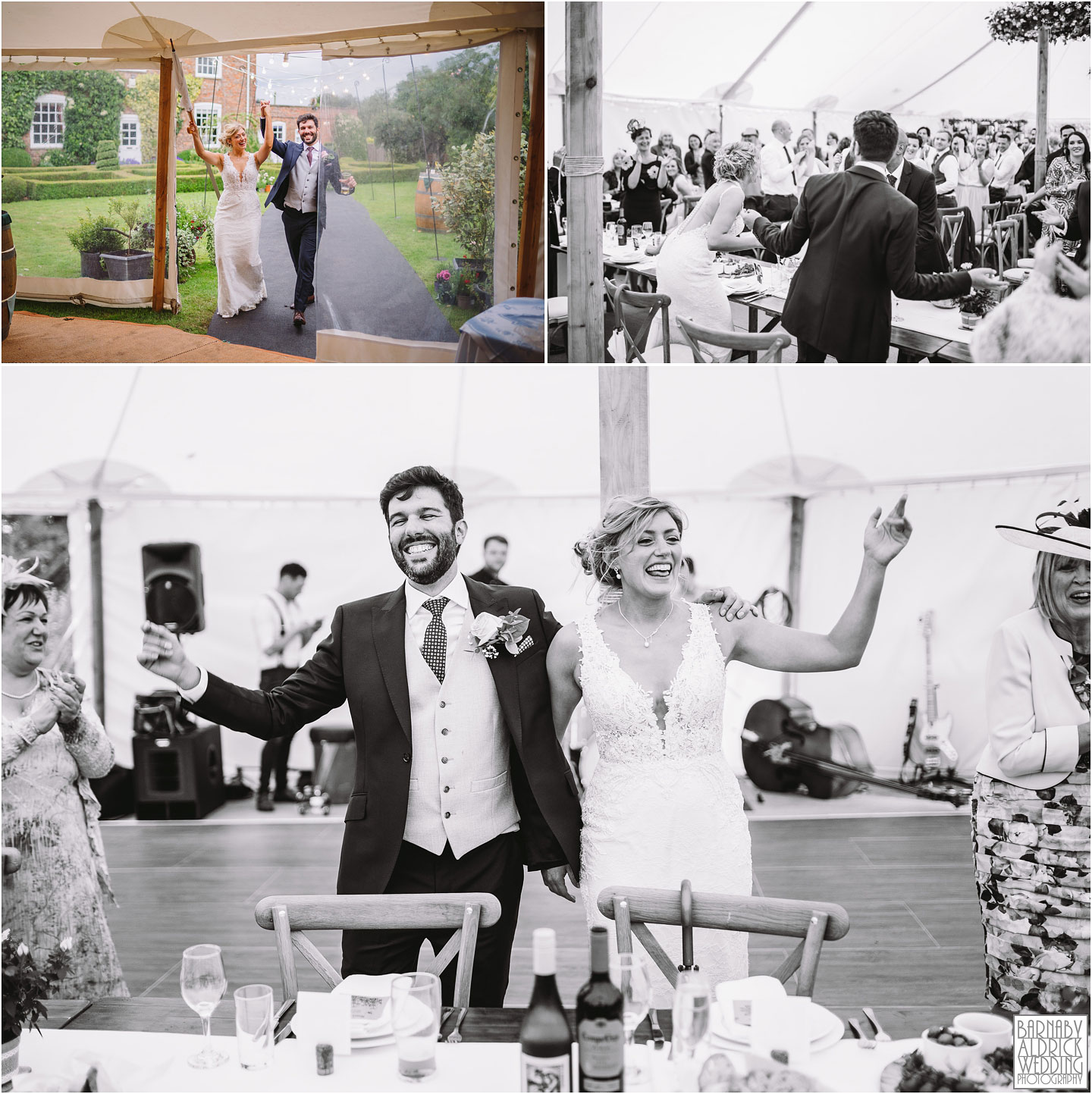 Bride and groom fun entrance photographs of a Papakata Sperry Tent Garden Wedding, Garden Marquee Wedding, Papakata Sperry Tent Wedding, Sperry Tent Marquee Wedding, Yorkshire garden Marquee Wedding company