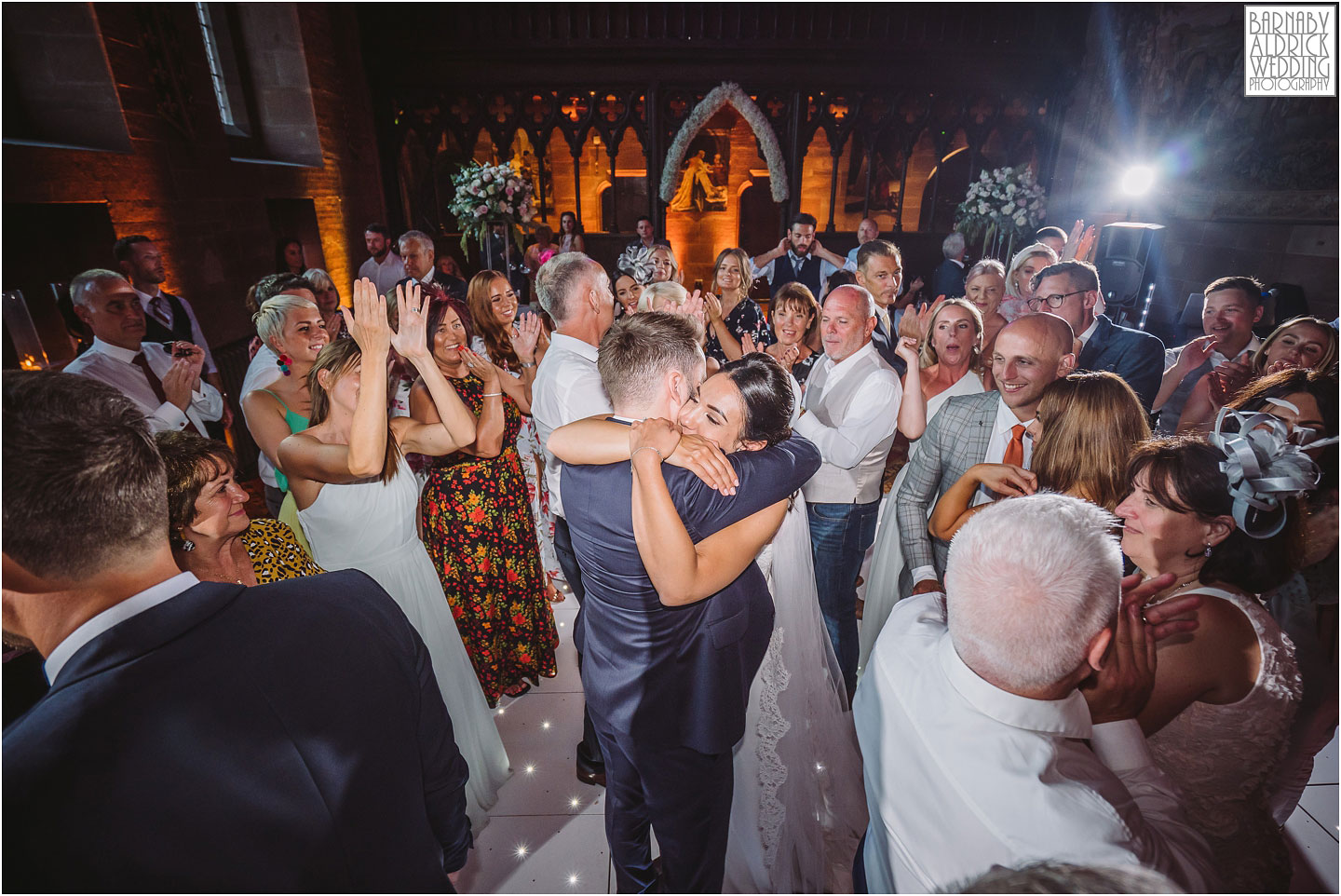 Dancing to The Rush wedding band at Peckforton Castle in Cheshire, Cheshire Wedding Photography at Peckforton Castle, Peckforton Castle Wedding, UK Castle Wedding