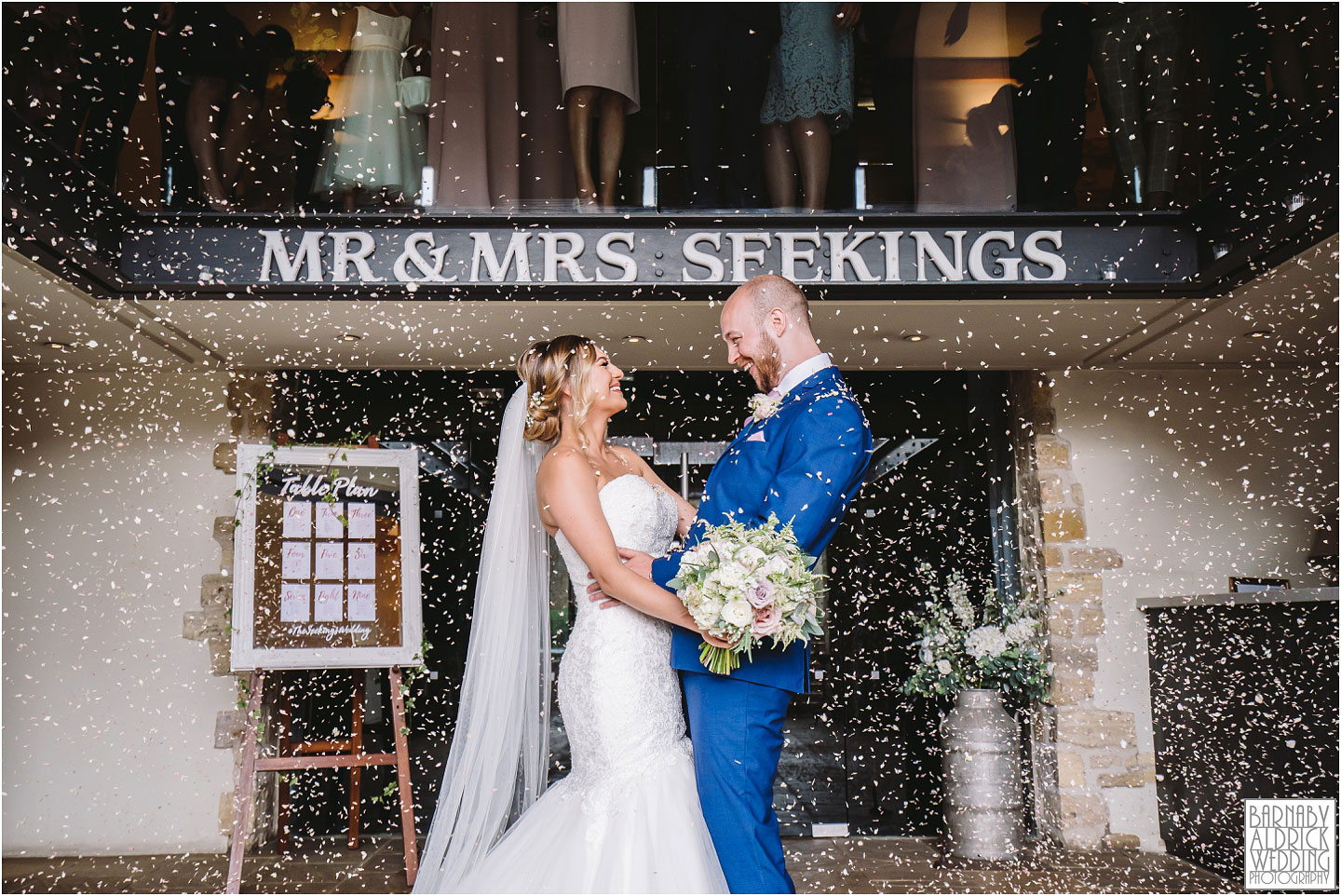 Confetti photograph at Priory Cottages Wedding Barn in Syningthwaite Priory, Wedding photography at St Peter's Church Walton near Wetherby, Priory Cottages Barn Wedding Venue Photos, Yorkshire Barn Venue Photos