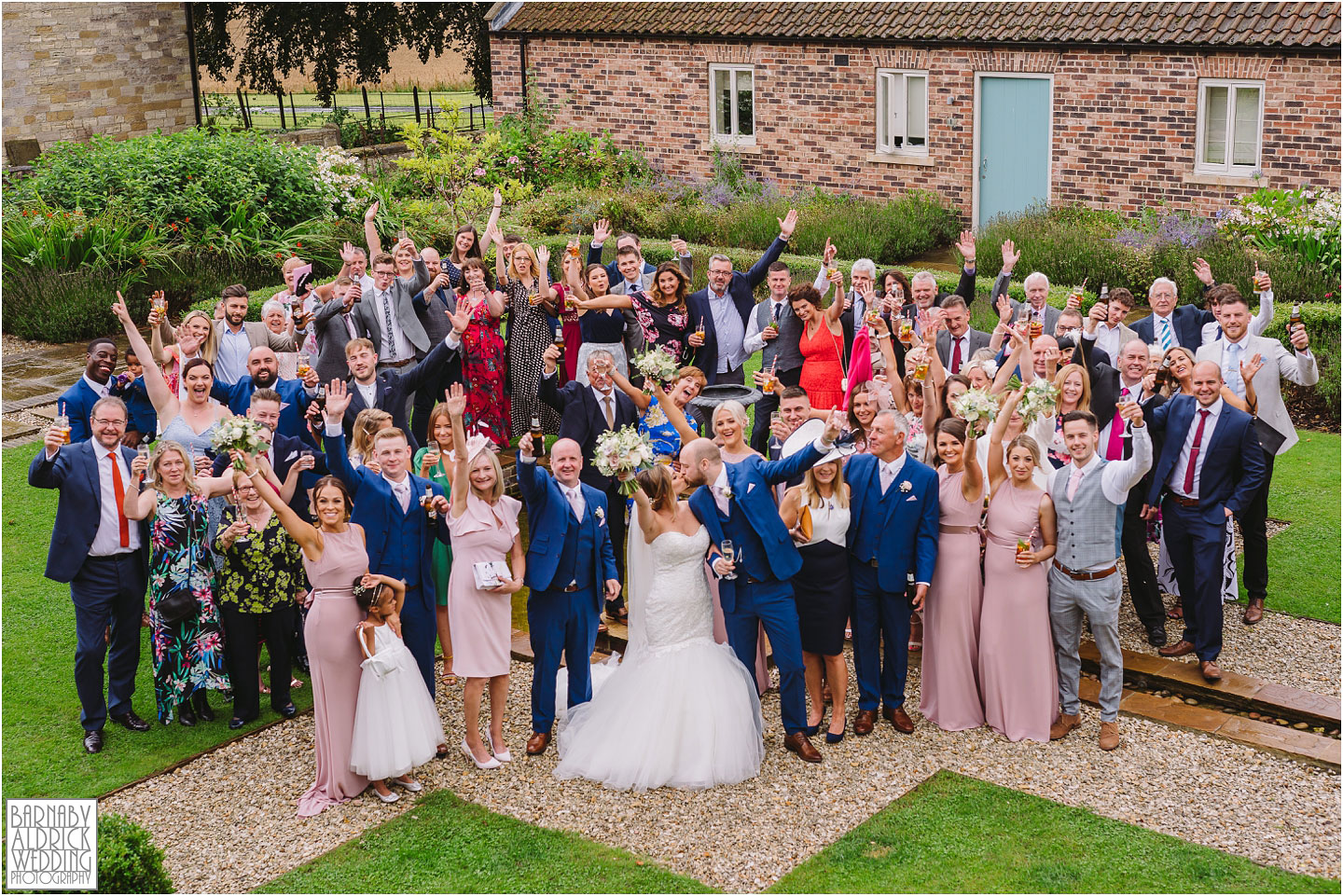 A photo of everyone at Priory Cottages in Yorkshire, Wedding photos at Priory Cottages, Wedding at The Priory Yorkshire