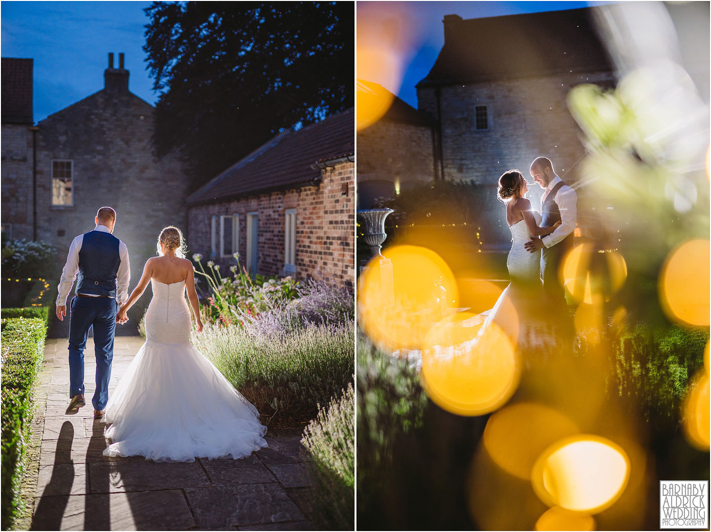 Priory Cottages evening flash portrait photo ideas, Flash wedding portraits at The Priory Cottages in Yorkshire