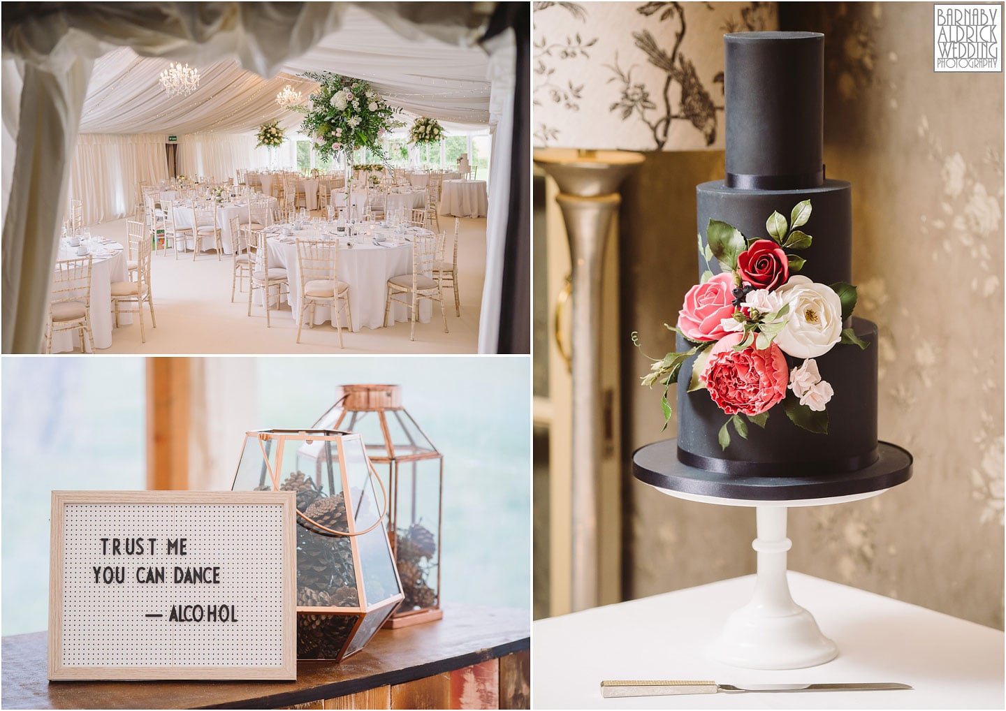 Amazing wedding cake, signs and marquee dressing