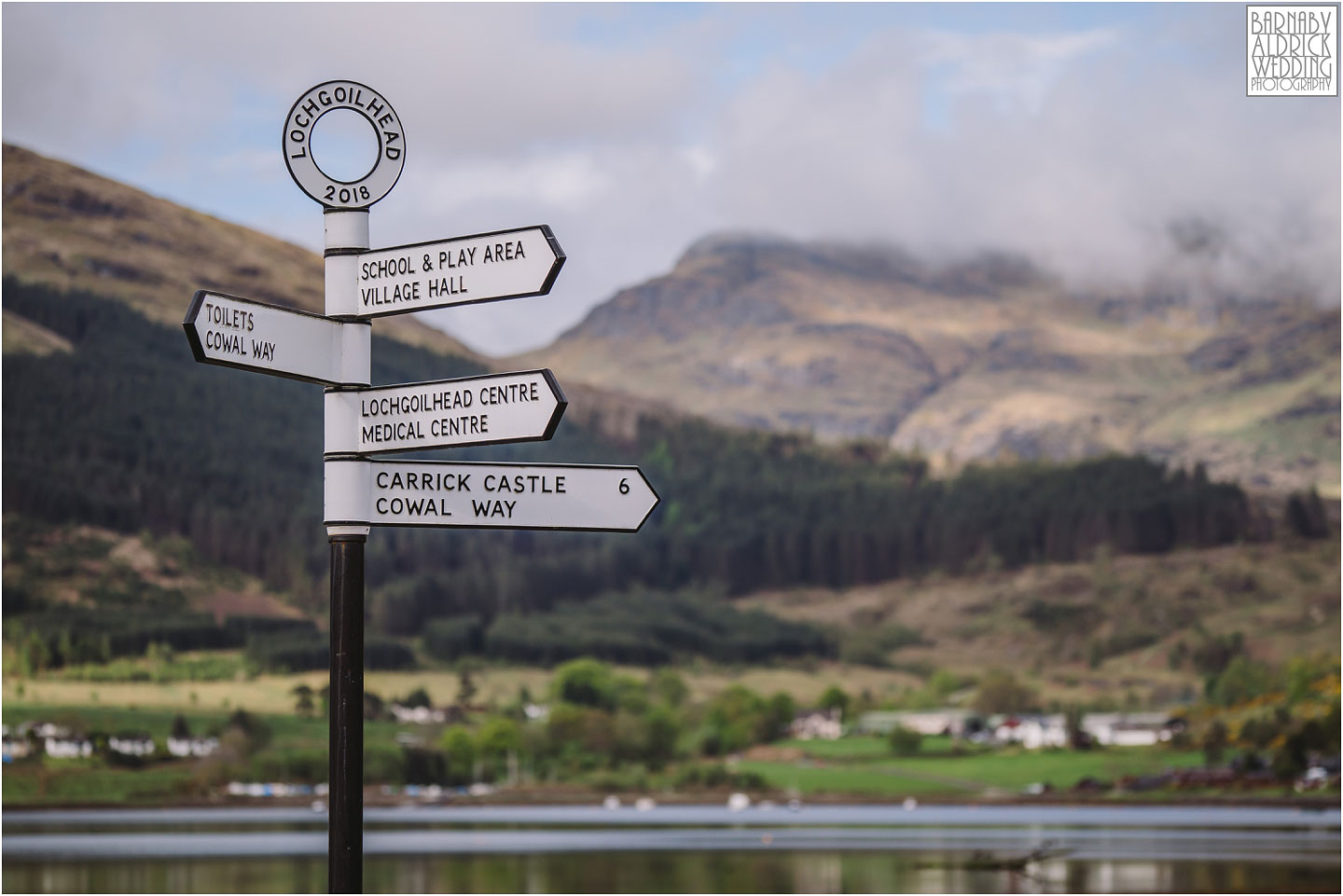 Lochgoilhead sign post, Carrick Castle Estate Lodge Wedding, Loch Goil Wedding photos, Argyll Forest Park Wedding Scotland, Scottish Wedding, Scottish Lockdown Wedding, Scottish Wedding