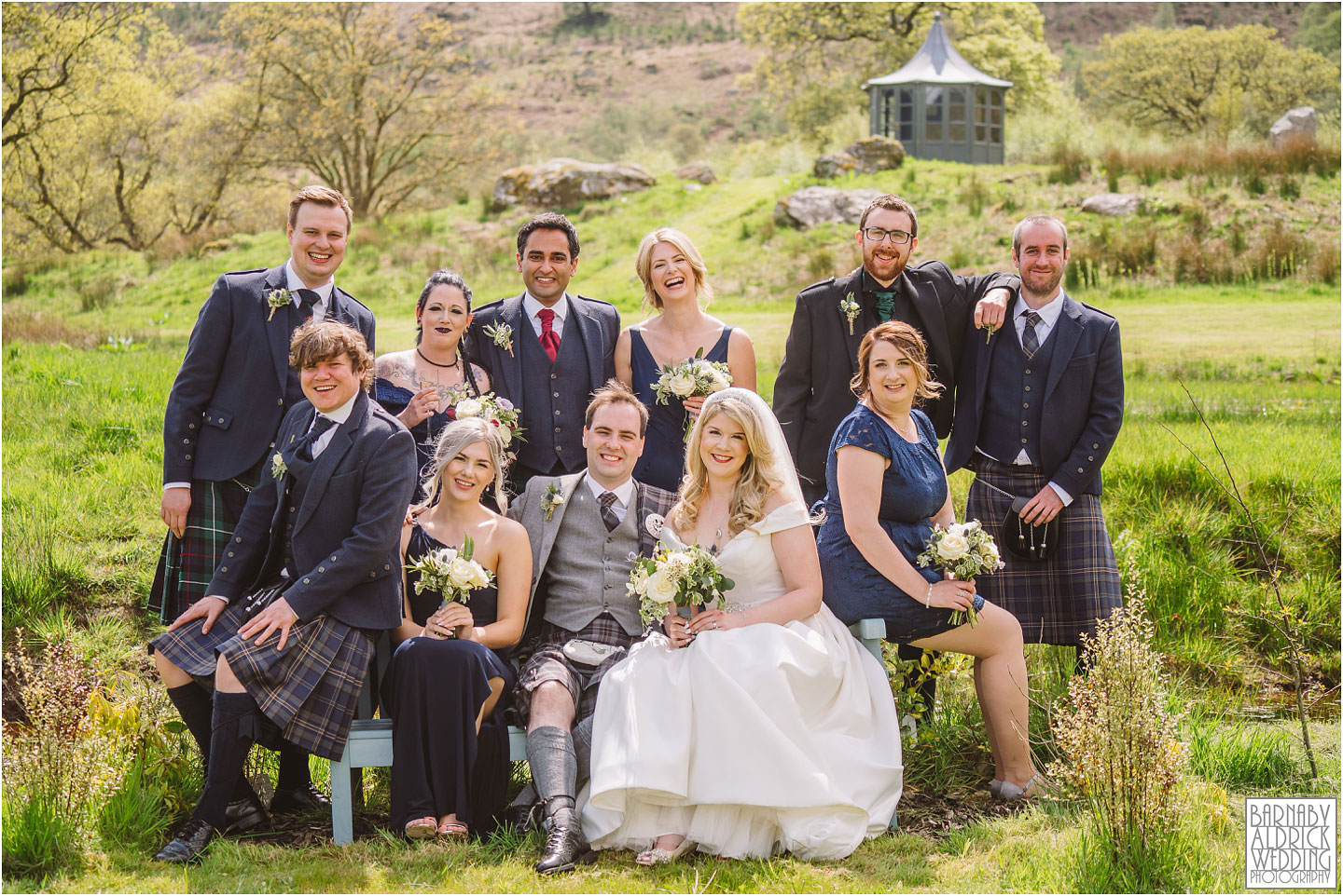 Wedding Party group photo at Carrick Castle Estate Lodge Wedding, Loch Goil Wedding photos, Argyll Forest Park Wedding Scotland, Scottish Wedding, Scottish Lockdown Wedding, Scottish Wedding