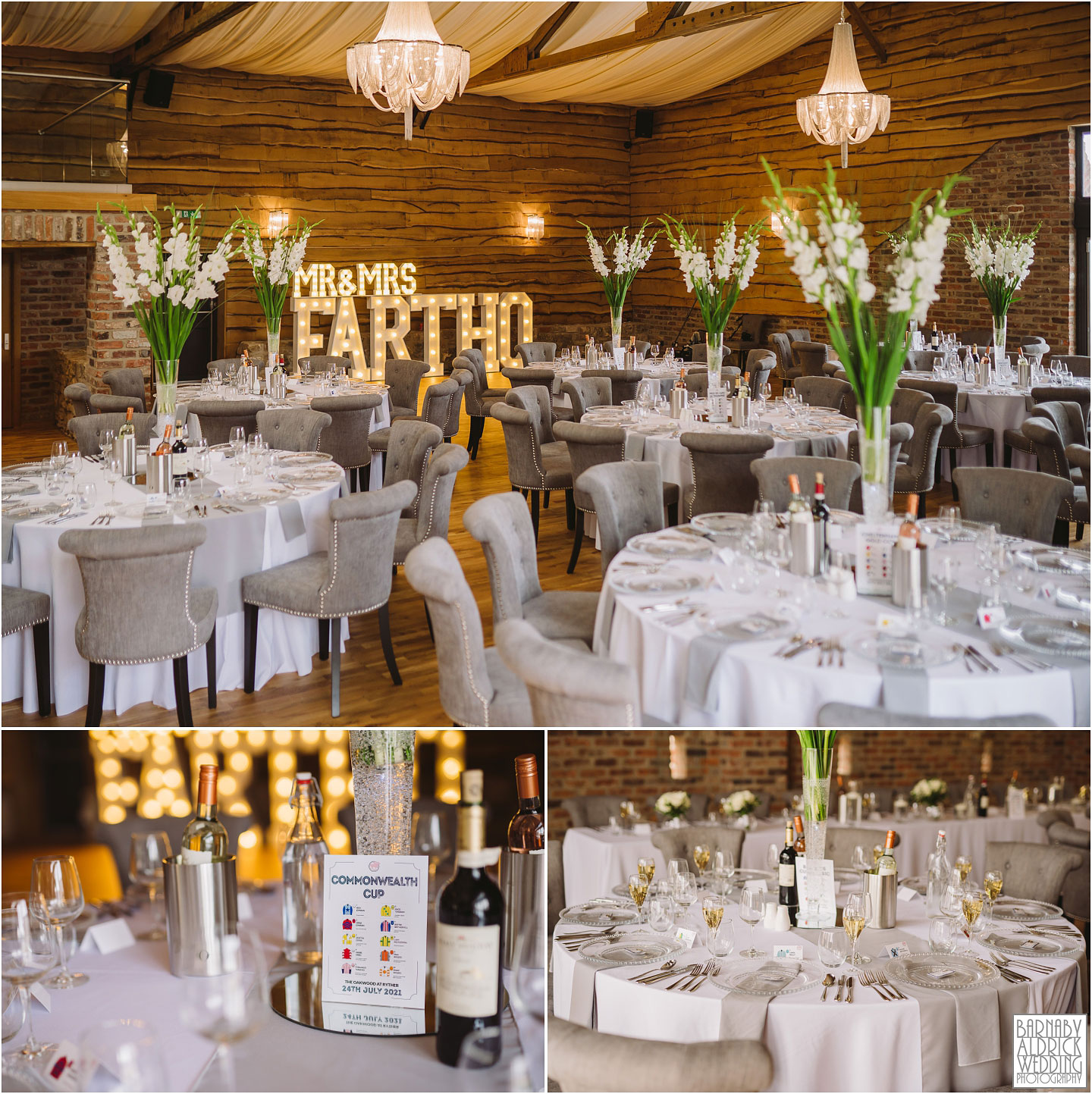 The Grain Store at the Oakwood at Ryther, Wedding breakfast room photo At The Oakwood, Wedding at The Oakwood at Ryther, The Old Grain Store at The Oakwood at RytherOakwood at Ryther wedding photographer, The Oakwood at Ryther wedding photos, Stylish Yorkshire wedding barn venue