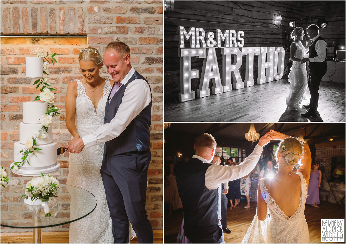 Cake cut and first dance wedding photo At The Oakwood, Wedding at The Oakwood at Ryther, Oakwood at Ryther wedding photographer, The Oakwood at Ryther wedding photos, Stylish Yorkshire wedding barn venue