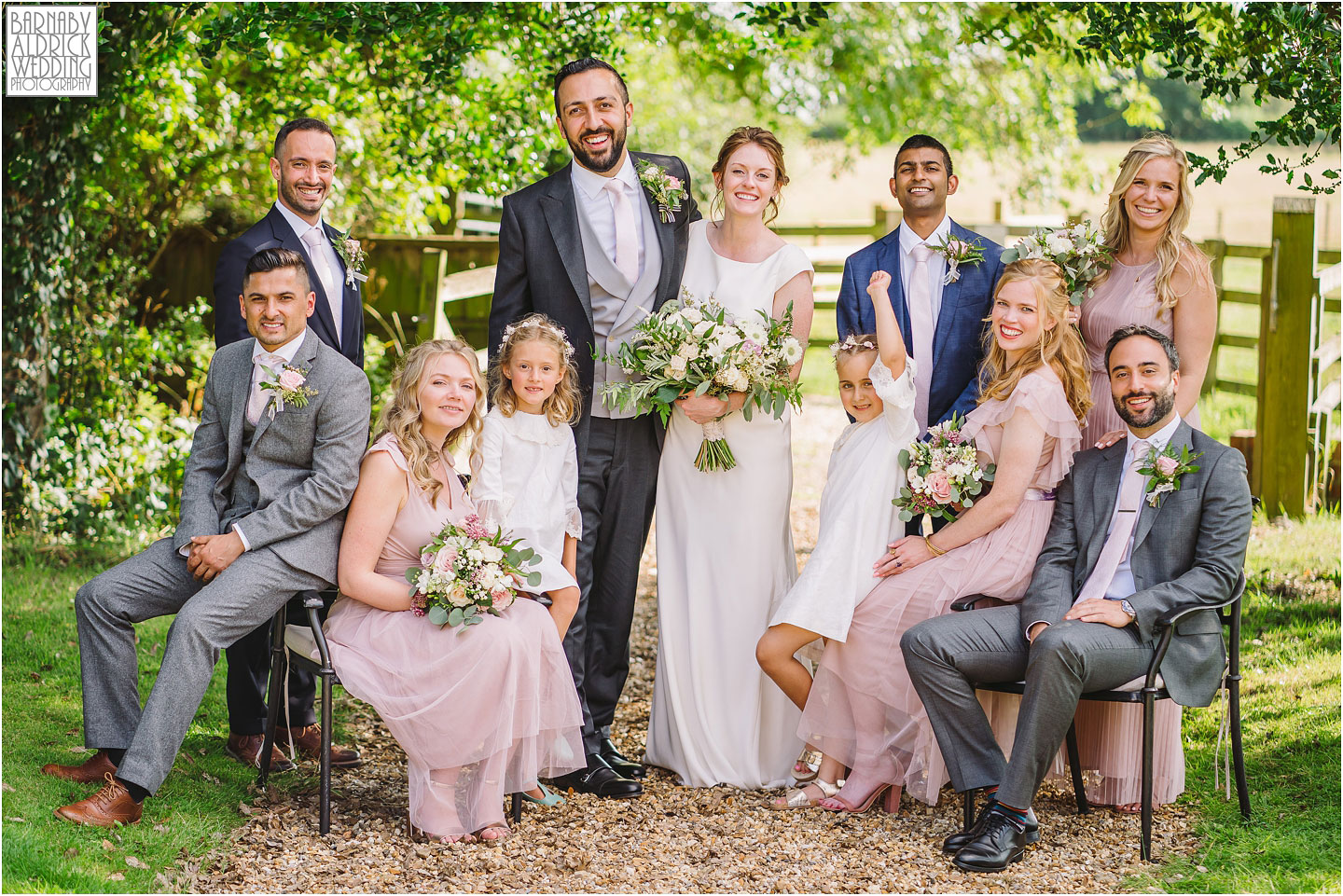 Wedding Party Group photos outdoor wedding ceremony at Hornington Manor luxury barn wedding venue near York in North Yorkshire