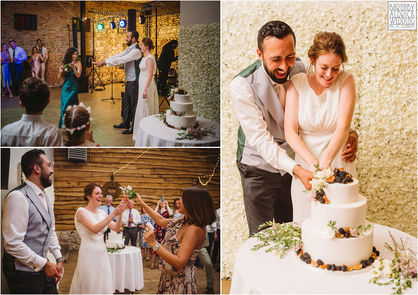 Cutting the wedding cake at Hornington Manor, Wedding band at Hornington Manor, Hornington Manor Wedding Photography, Hornington Manor Wedding Photographer, Yorkshire Wedding, Yorkshire Wedding Photographer, York Luxury Barn Wedding Venue, Yorkshire farmhouse Wedding Barn