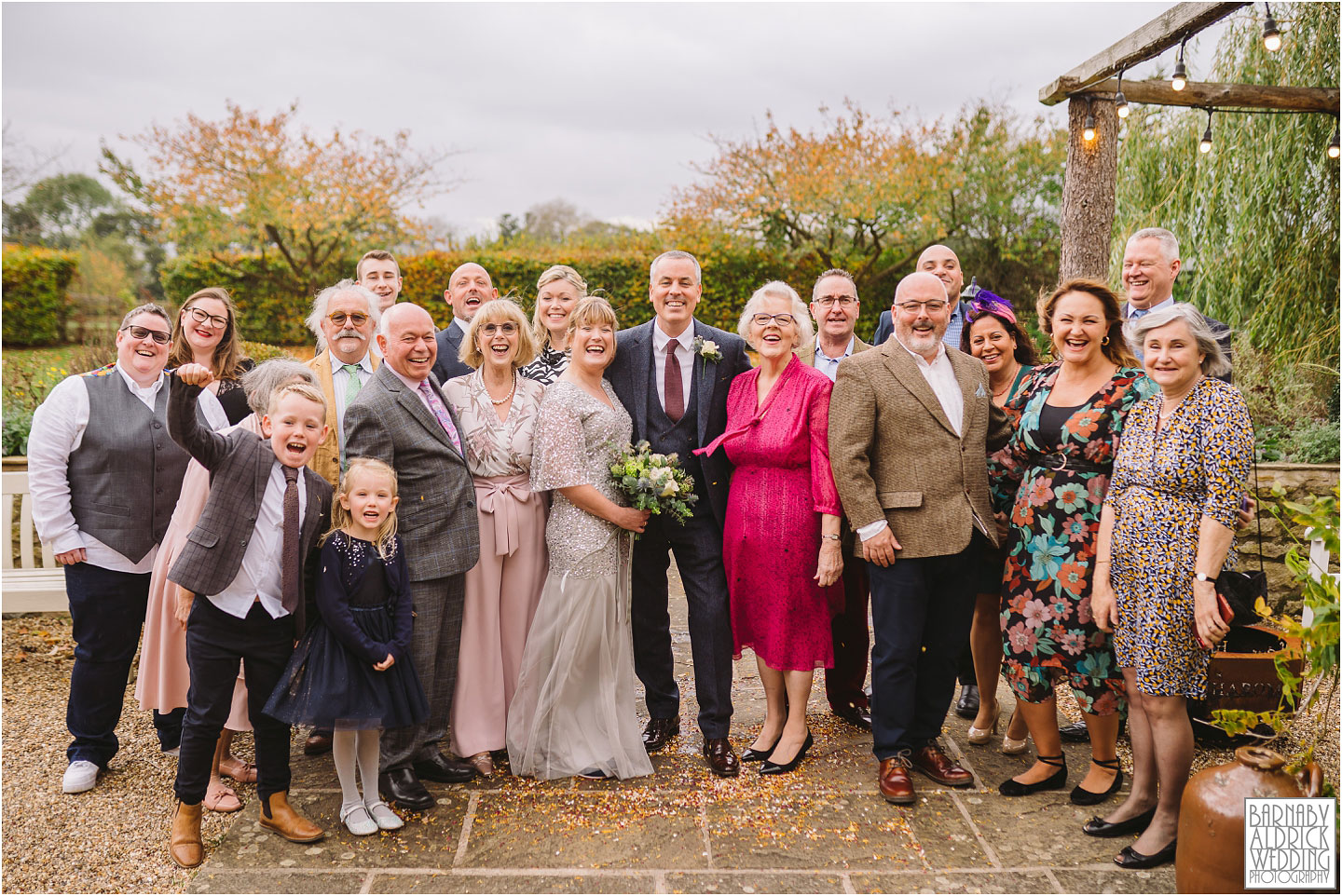Group photos at The cross house lodge by the Star Inn in Harome, Wedding Photography by Yorkshire Wedding Photographer Barnaby Aldrick, Star Inn wedding, Yorkshire wedding, Helmsley Wedding, Michelin Star Wedding venues