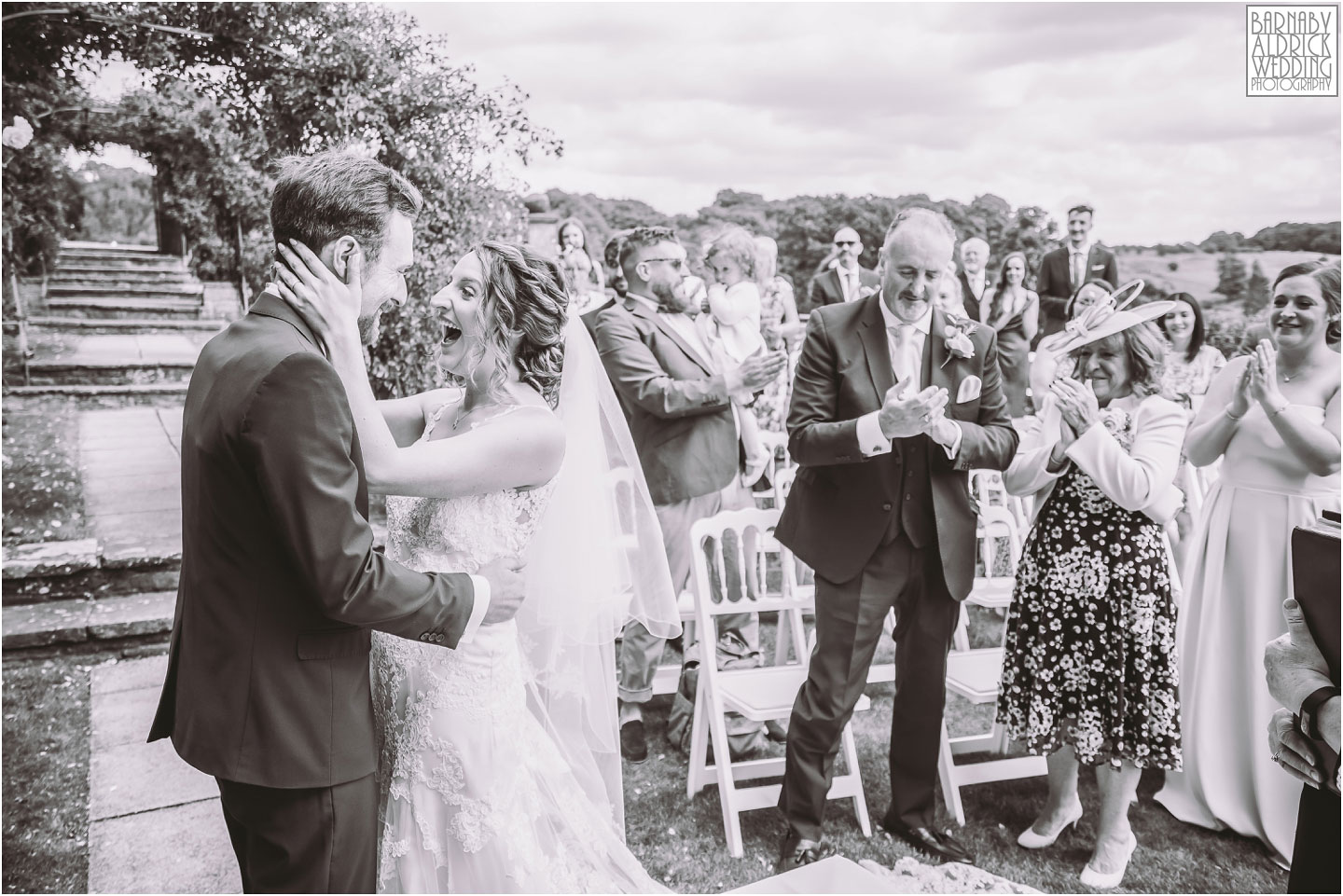 Outdoor wedding ceremony at Wood Hall, Wood Hall Wetherby, terraced Garden wood hall