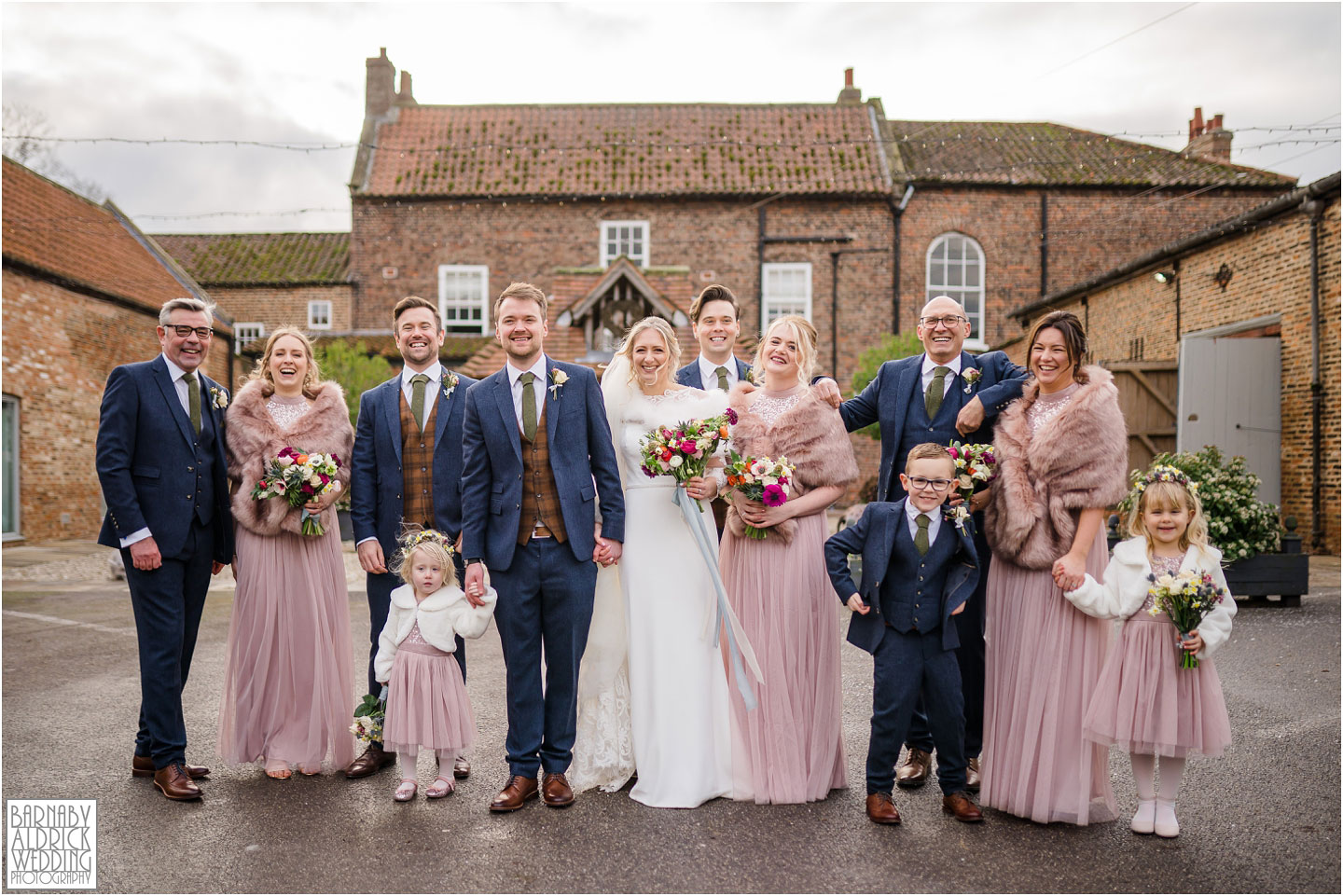 Wedding Party Group photos outdoor wedding ceremony at Hornington Manor luxury barn wedding venue near York in North Yorkshire