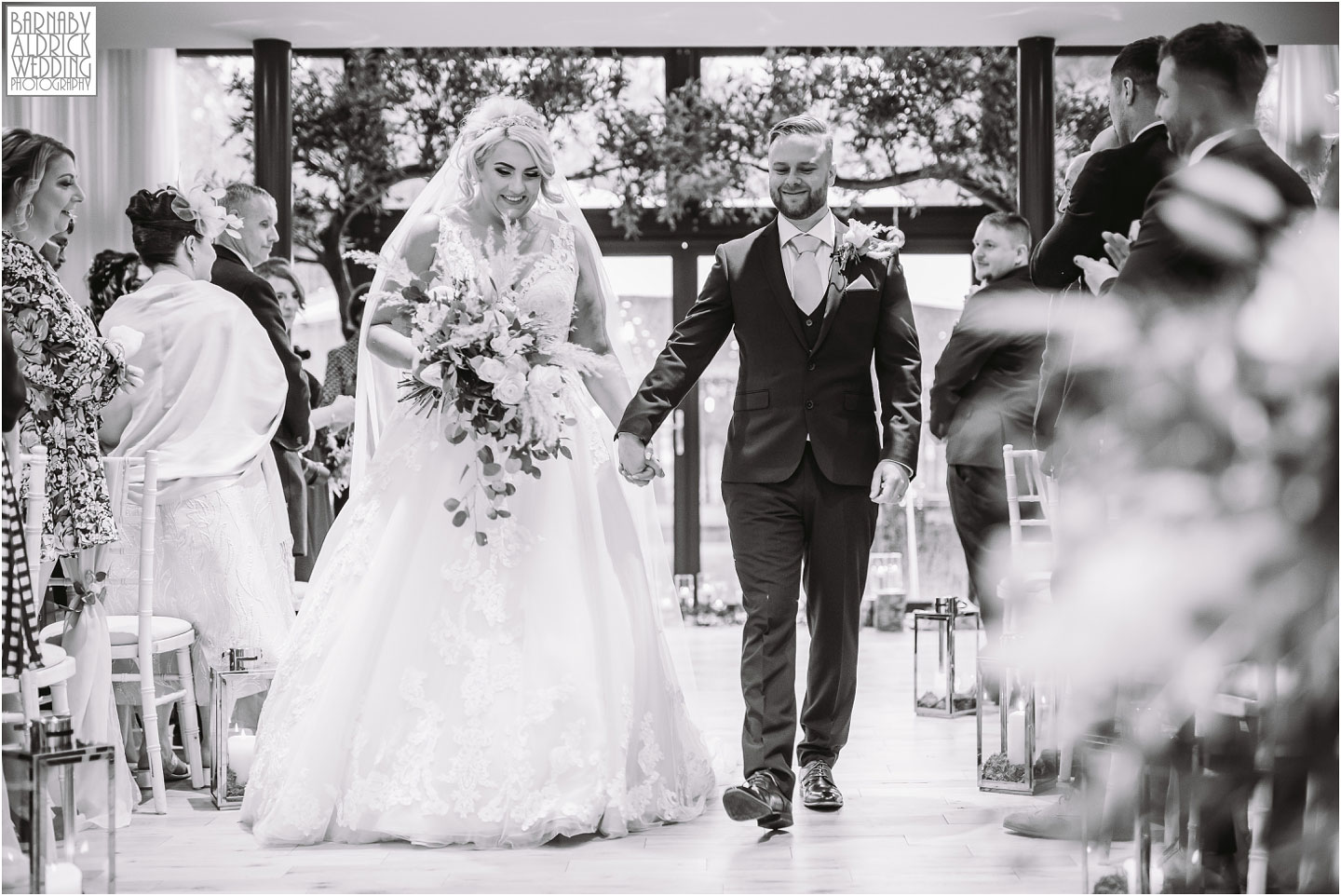 Bride and Groom walking down the aisle at Bunny Hill, Civil ceremony Wedding Photos at Bunny Hill, Bunny Hill Barn wedding East Yorkshire, Yorkshire Wedding Photography 