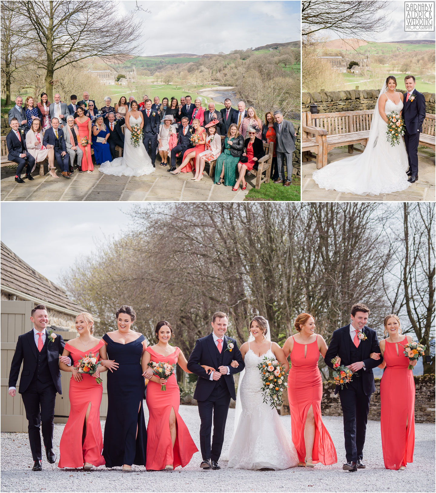 Wedding party group photo at the Tithe Barn at Bolton Abbey, Tithe Barn Bolton Abbey wedding photos, Tithe Barn Skipton Wedding Photographer, Bolton Abbey Tithe Barn Wedding, Yorkshire Dales Wedding, Yorkshire Dales Wedding Venue, Bolton Abbey wedding, Yorkshire Wedding Photographer