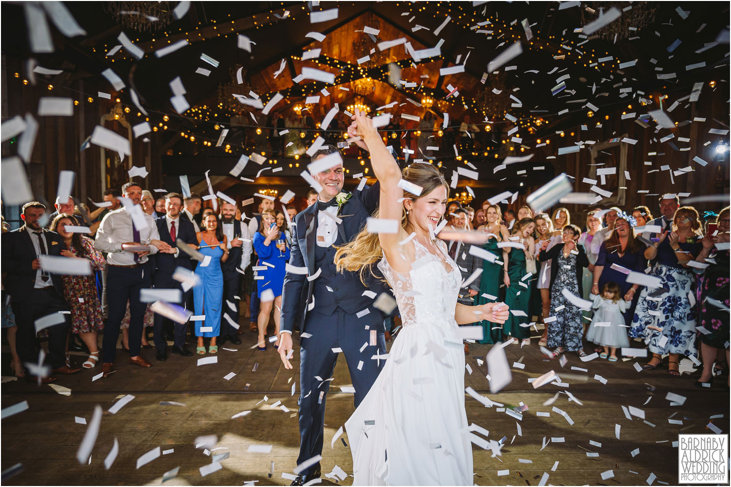 Wharfedale Grange Wedding, Confetti first dance wedding photos at Wharfedale Grange near Harrogate, Yorkshire barn wedding, Wharfedale Grange Wedding Photographer