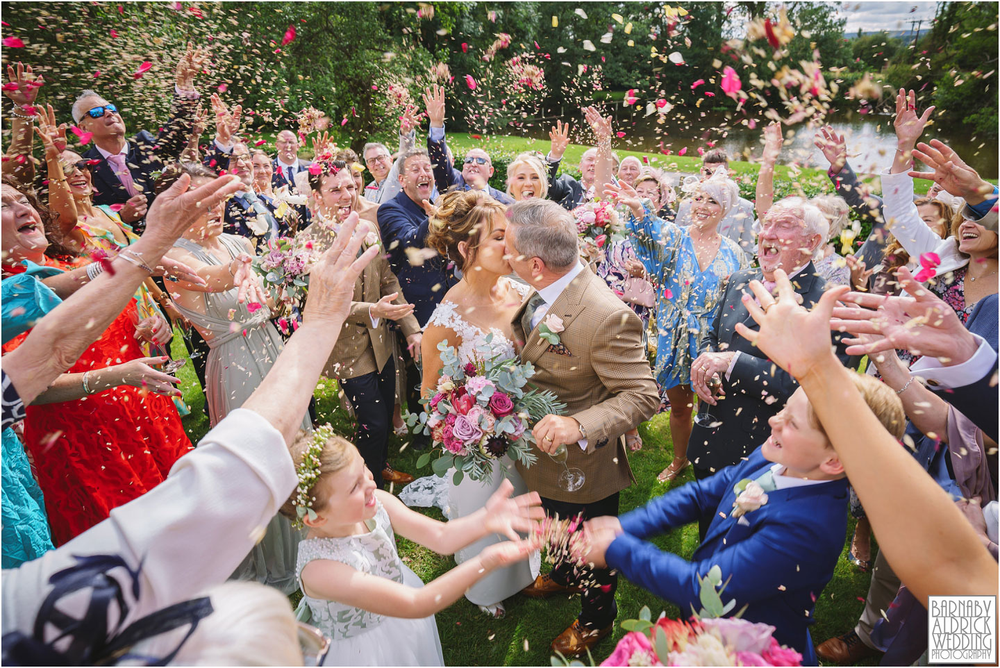 The Pheasant Harome Wedding Photos, Confetti at The Pheasant in Harome Yorkshire, Howardian Hills wedding venue, North York Moors Wedding Venue, Harome